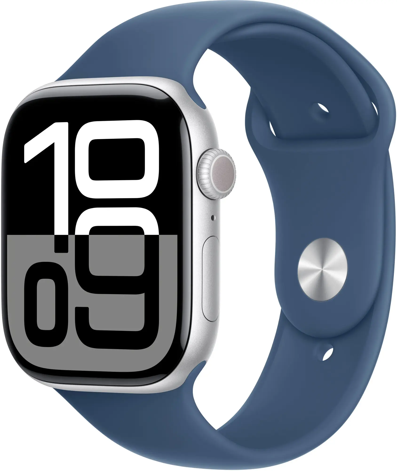 Srebrny Apple Watch z niebieskim paskiem, pokazujący godzinę cyfrową 10:09.