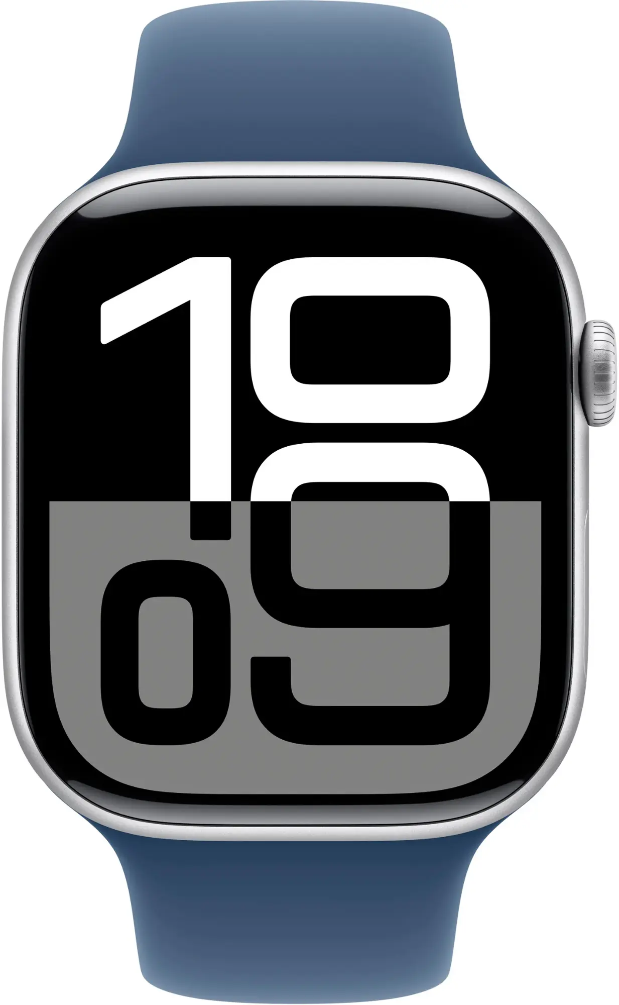Srebrny Apple Watch z niebieskim paskiem, pokazujący godzinę 10:09.