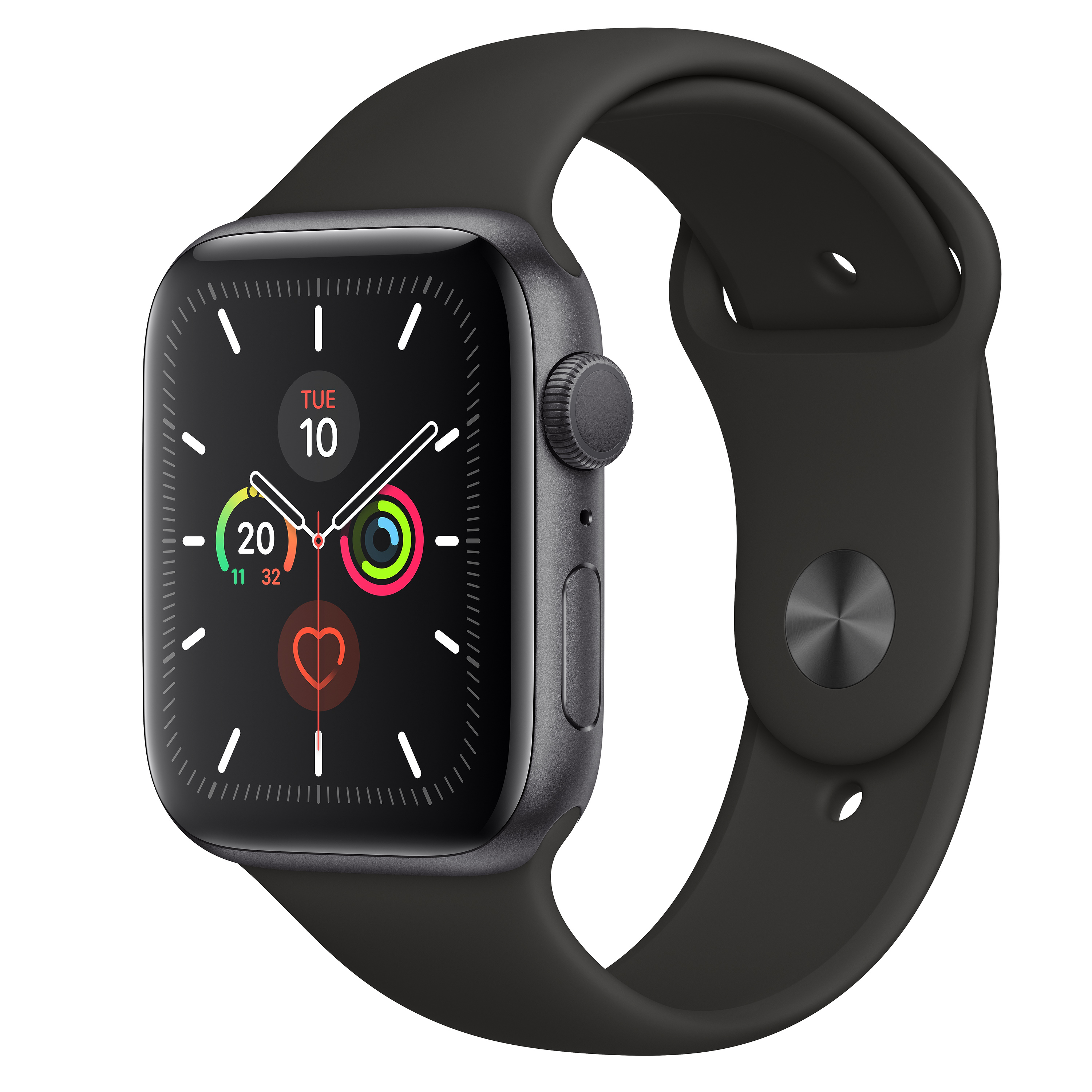 Apple Watch negra con correa negra, con pantalla digital que muestra hora y datos.
