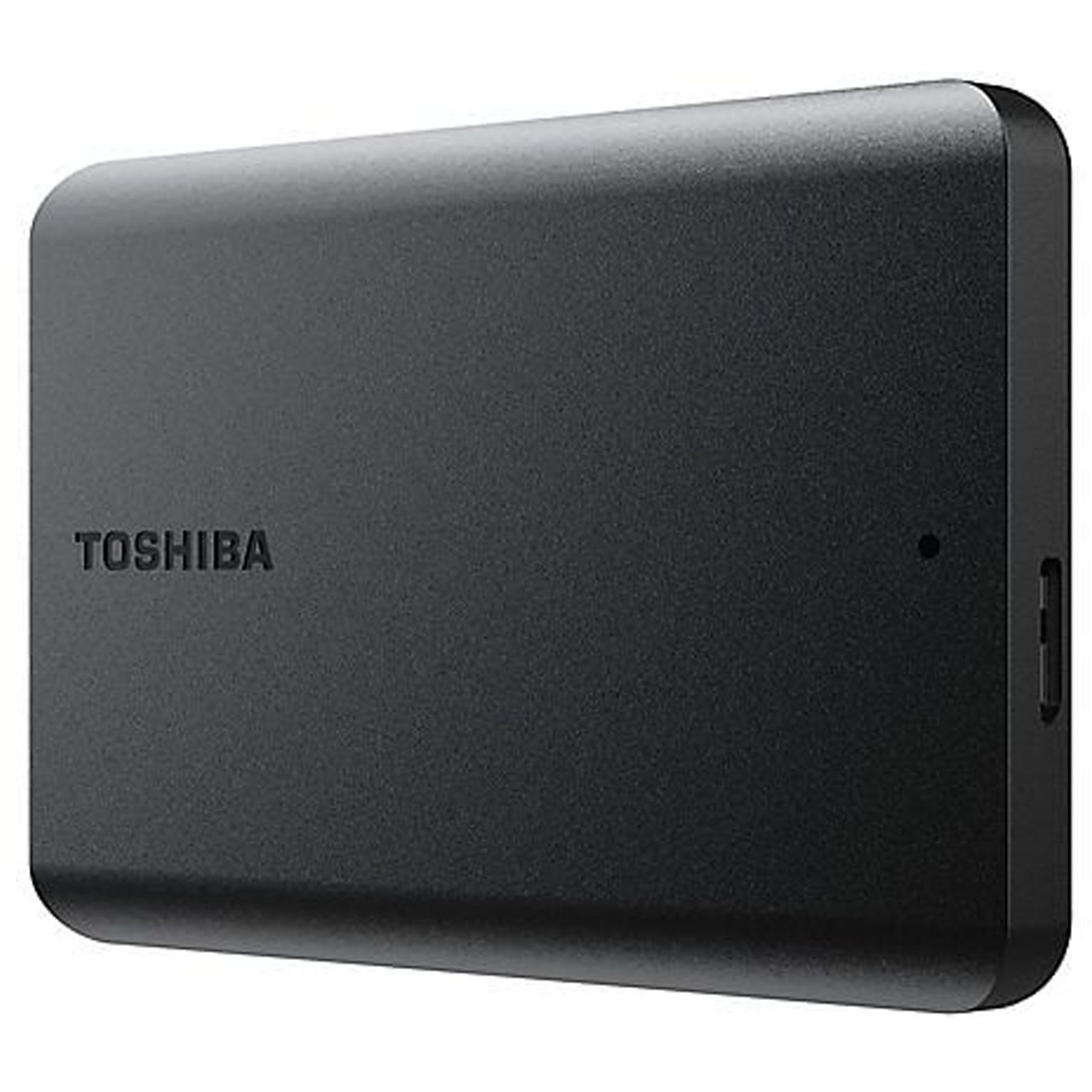 Disque dur portable rectangulaire noir avec la marque 'TOSHIBA' sur le côté gauche.