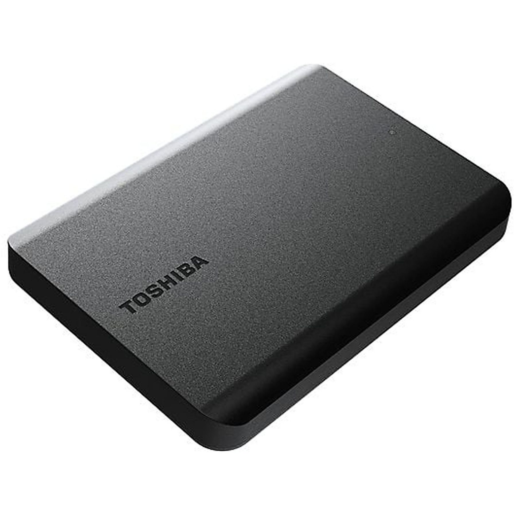 Disque dur portable Toshiba noir, forme rectangulaire avec le logo Toshiba.