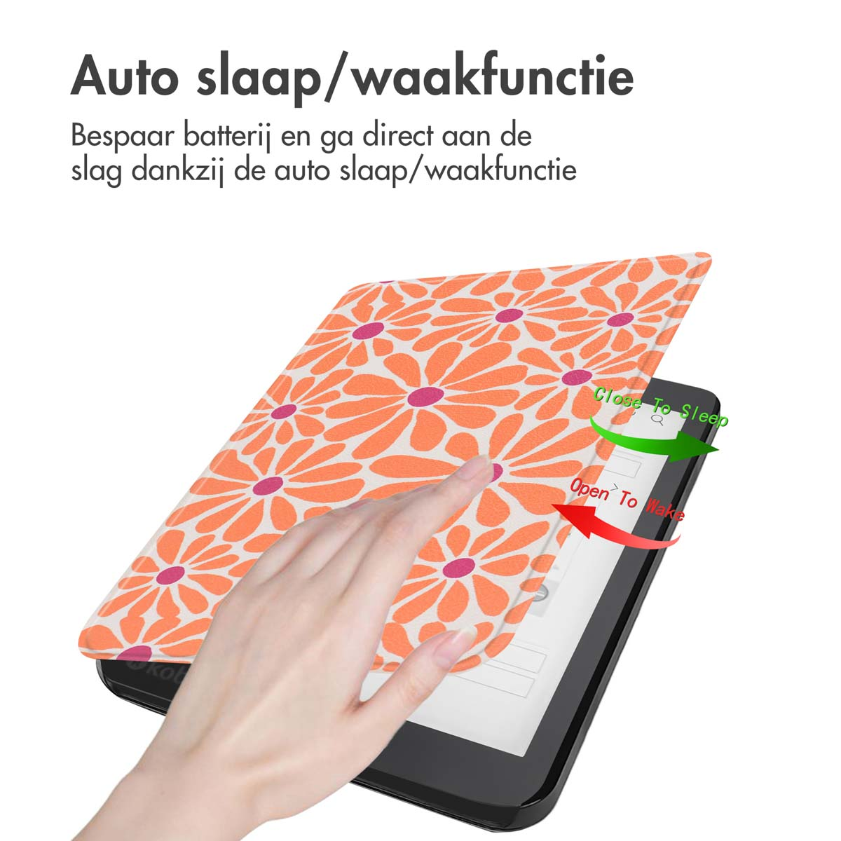 Hand touching tablet screen with floral case.