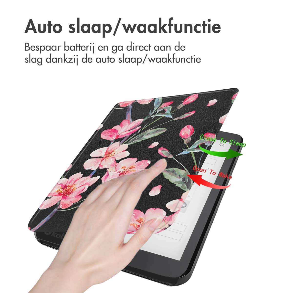 Een zwarte e-reader met een bloemenhoes, die door een hand wordt vastgehouden. Tekst: 'Auto sleep/wake function'.