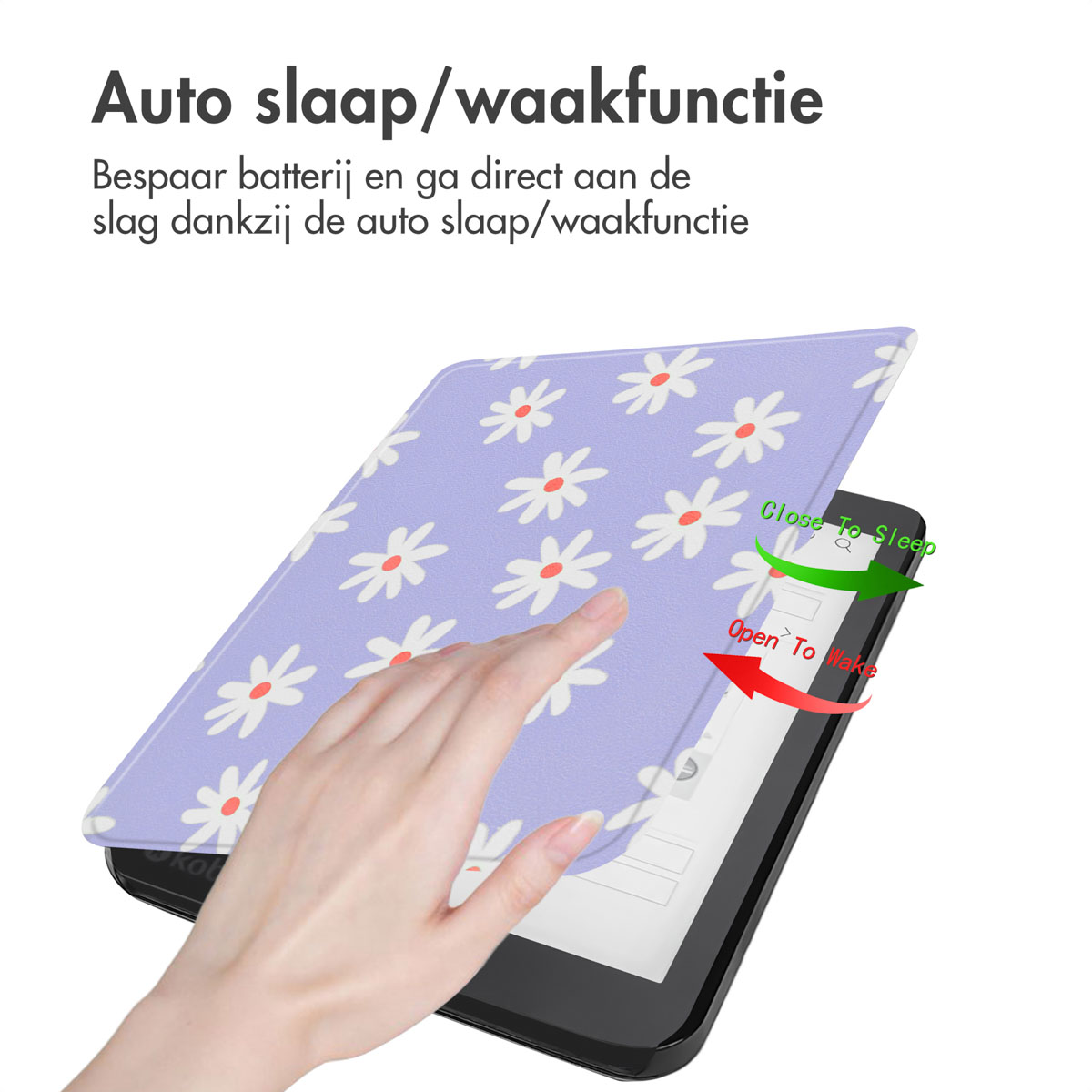 Kindle-hoes met wit madeliefpatroon op paars, hand sluit het.