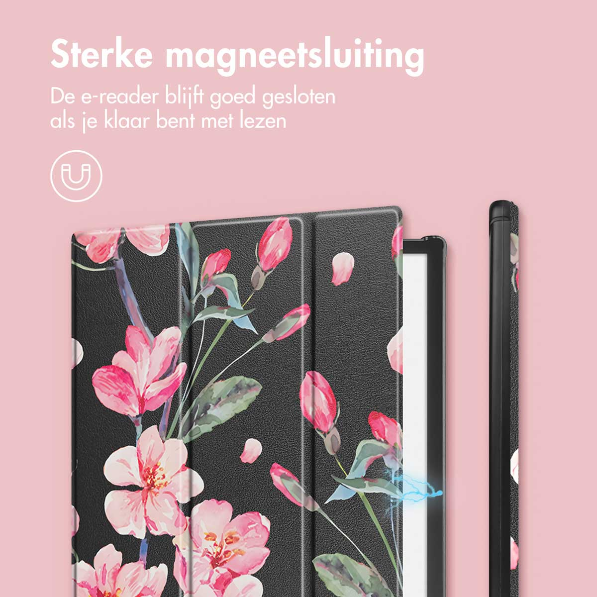 Een e-readerhoes met roze bloemen, open, en een zijaanzicht.
