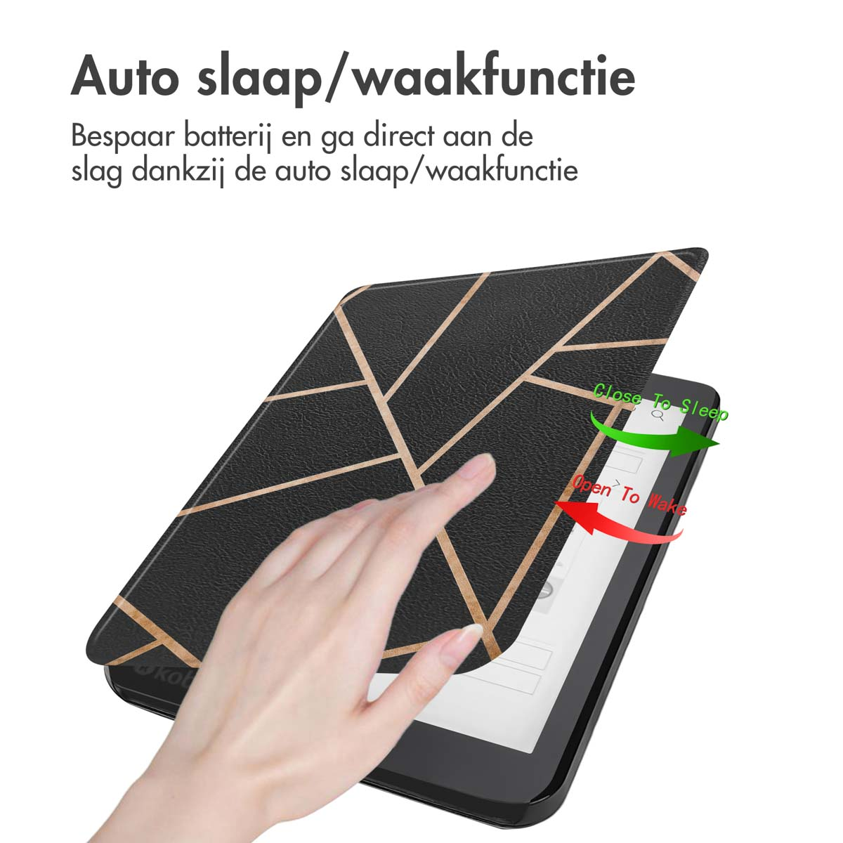 Kindle-hoes met zwart en goud geometrisch patroon, hand sluit het.