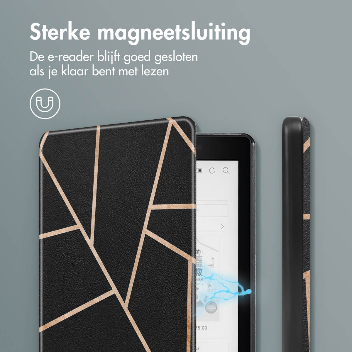 Kindle-hoes met zwart en goud geometrisch patroon, een magnetische sluiting.