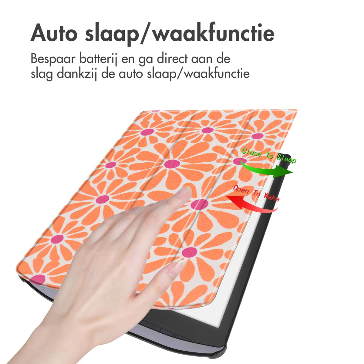 Kindle-hoes met oranje madeliefpatroon, hand sluit het.
