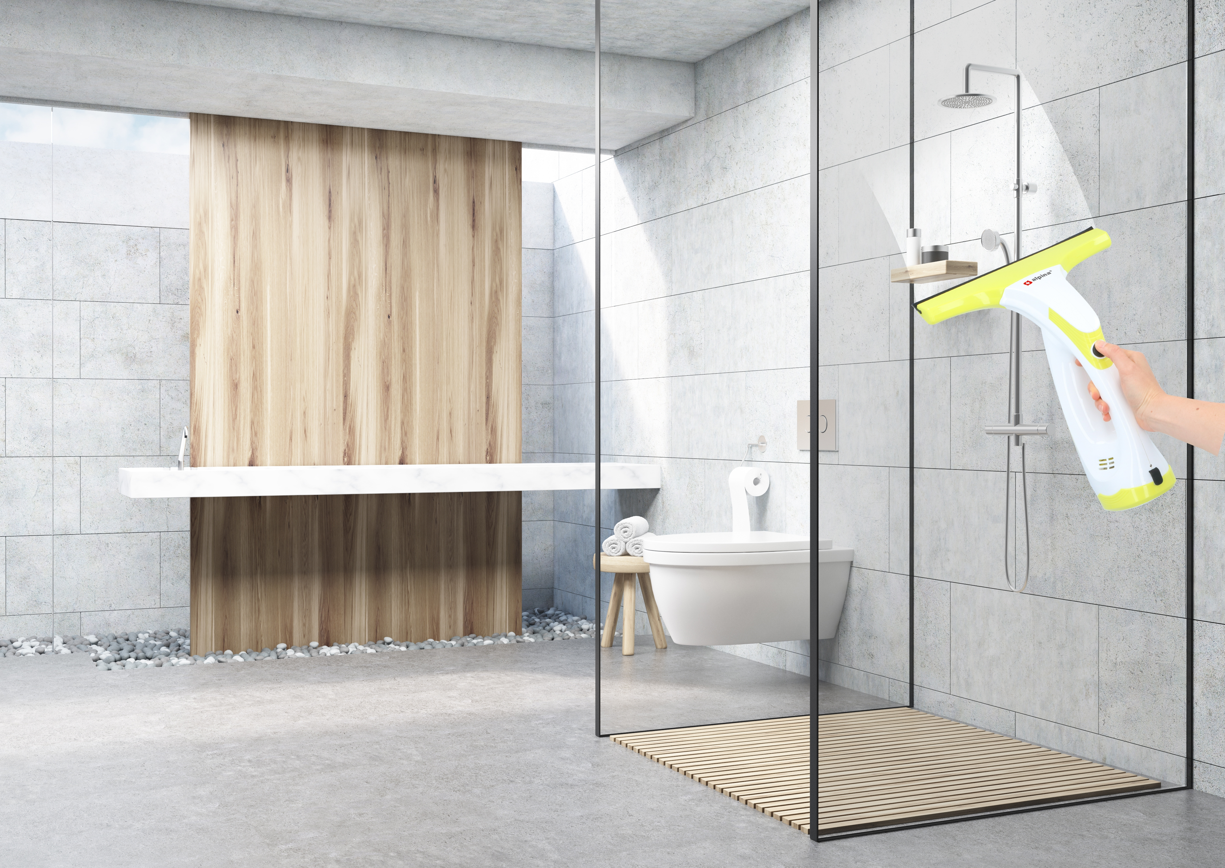 Ein Badezimmer mit Dusche und eine Person, die das Glas mit einem Abzieher reinigt.