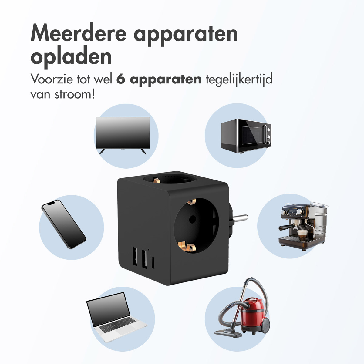 Image shows various devices around a power cube, with text "Charge Multiple Devices".