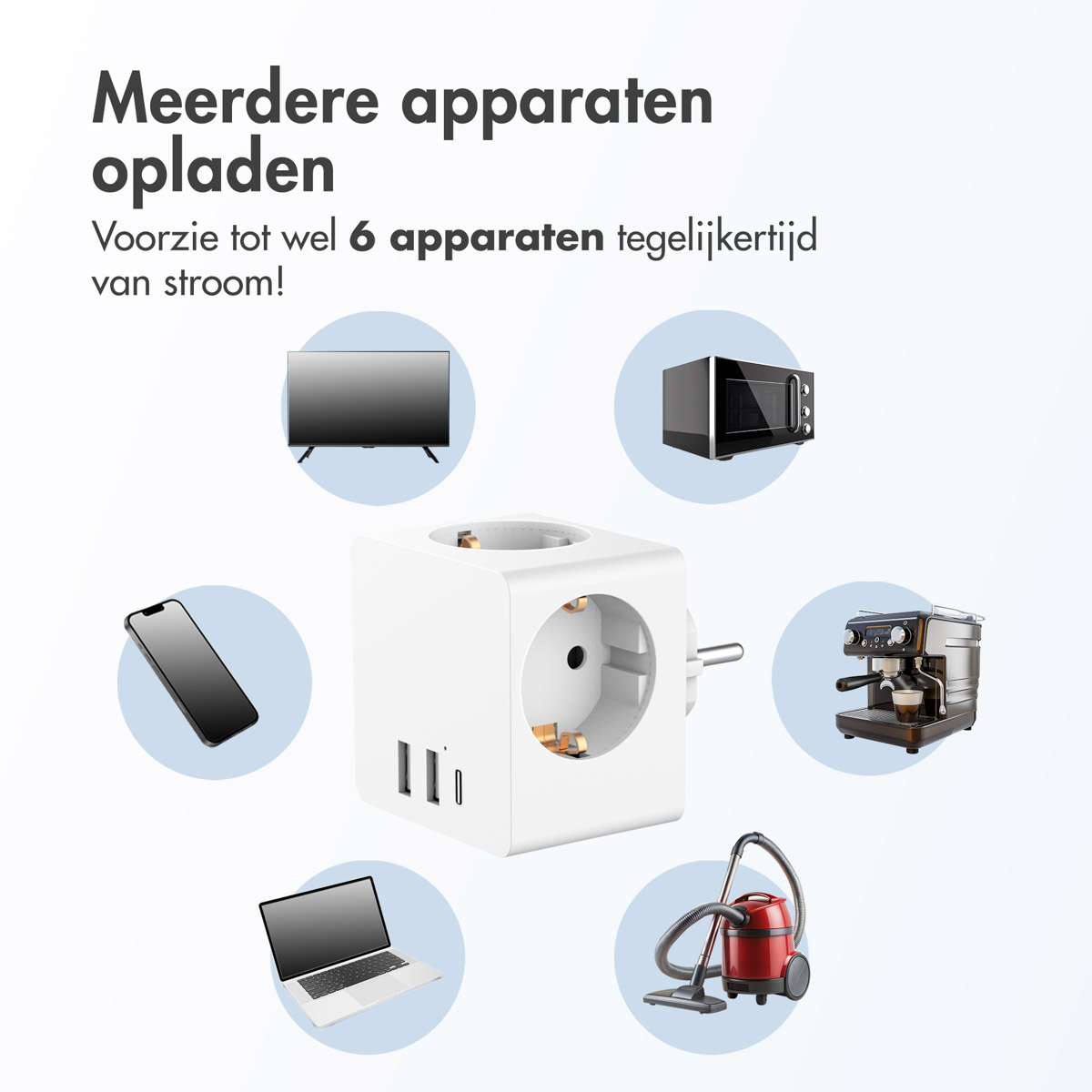 Witte kubus met stekkers en USB, verschillende apparaten eromheen.