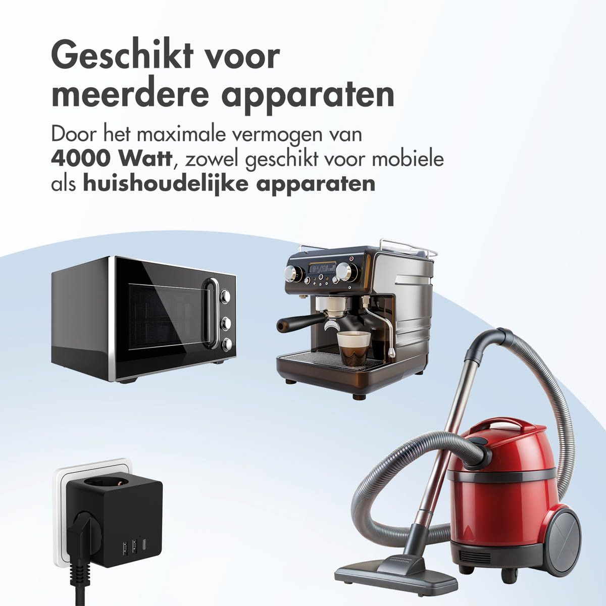 Image showing the Power Cube with multiple appliances: microwave, espresso machine, and vacuum.