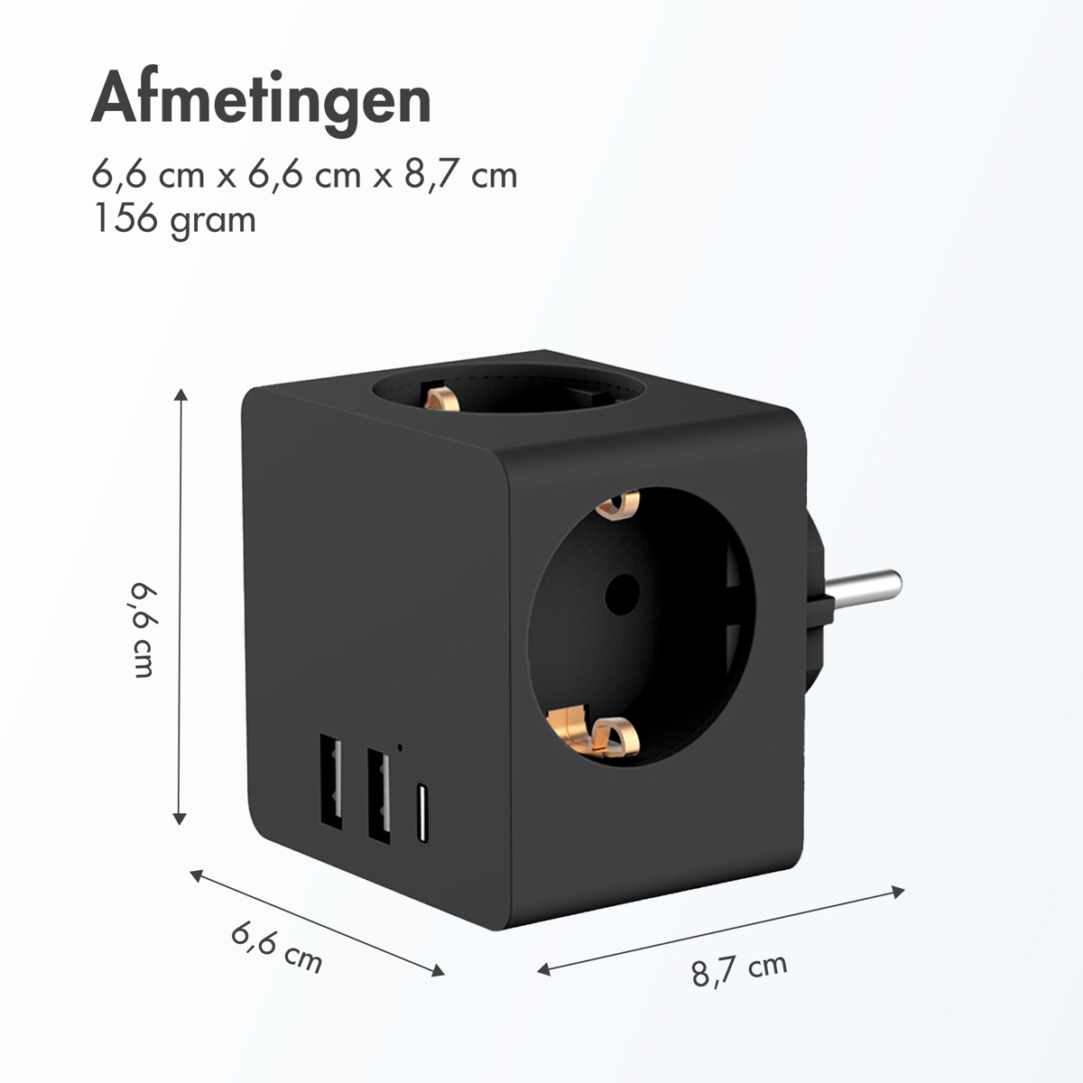 Close-up of a black power cube, showing dimensions and USB ports.