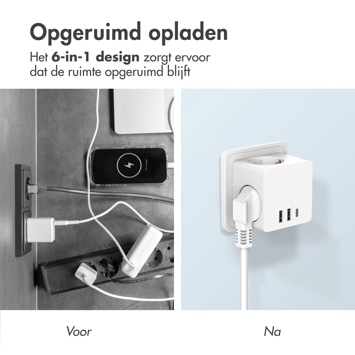 Een witte voedingsadapter en een oplaadstation, voor een opgeruimde oplaadruimte.