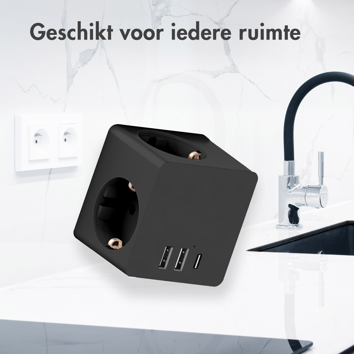 Black cube power adapter with USB ports in a kitchen setting, near a faucet and a wall outlet.
