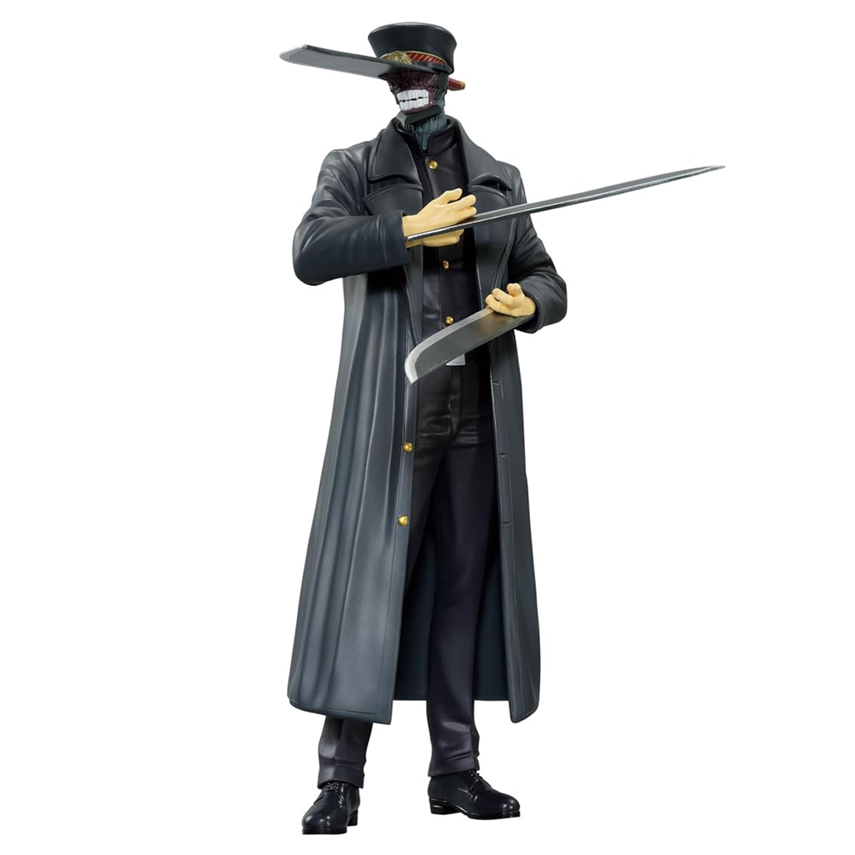 Anime-Figur einer Figur in einem schwarzen Mantel, die Schwerter hält. Weißer Hintergrund.