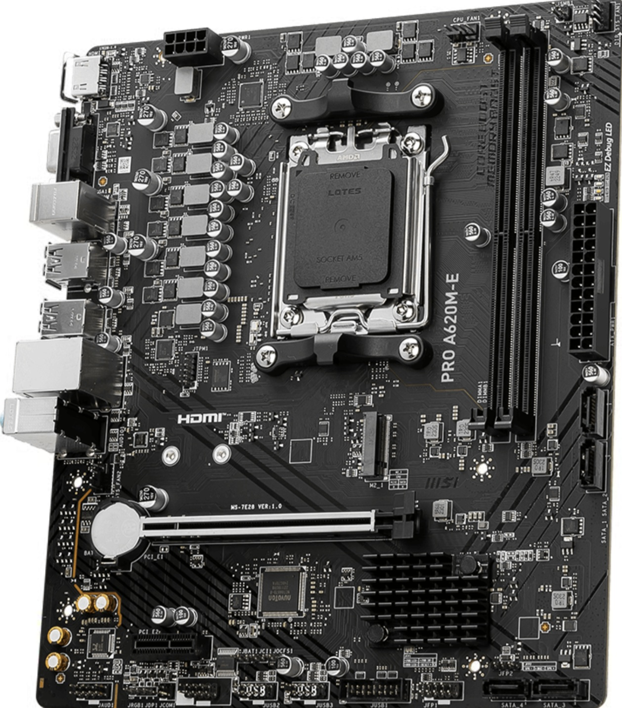 Czarna płyta główna z wieloma komponentami, w tym gniazdem procesora i złączami.