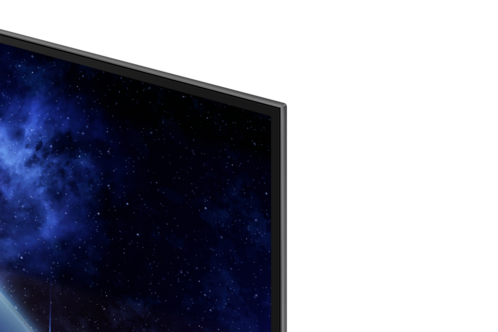 Un angolo di un televisore a schermo piatto che mostra un cielo notturno scuro e stellato con deboli dettagli celesti.