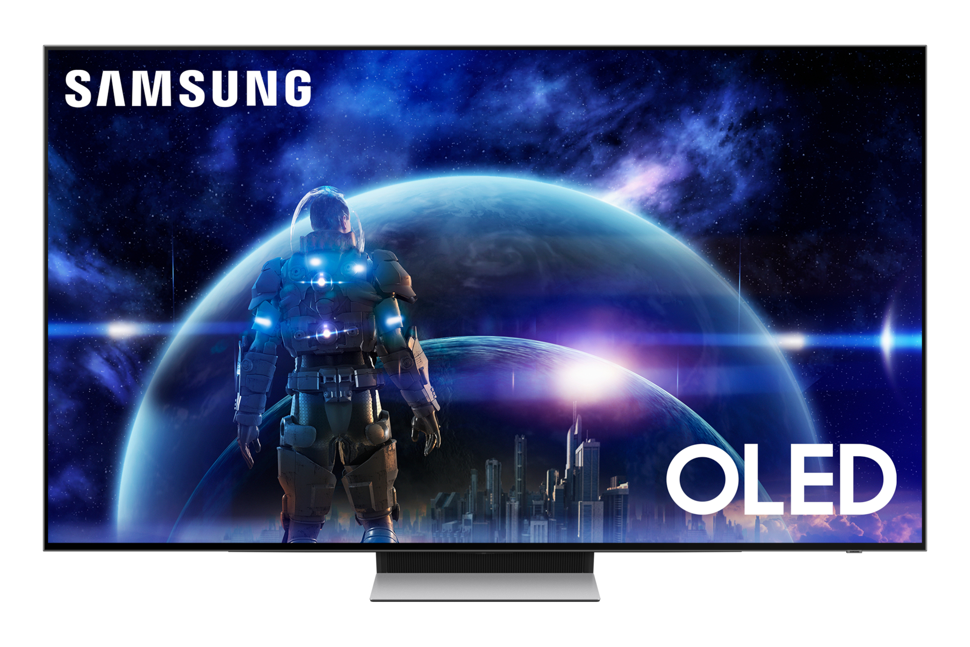 Grande TV Samsung con un astronauta che guarda la Terra nello spazio.