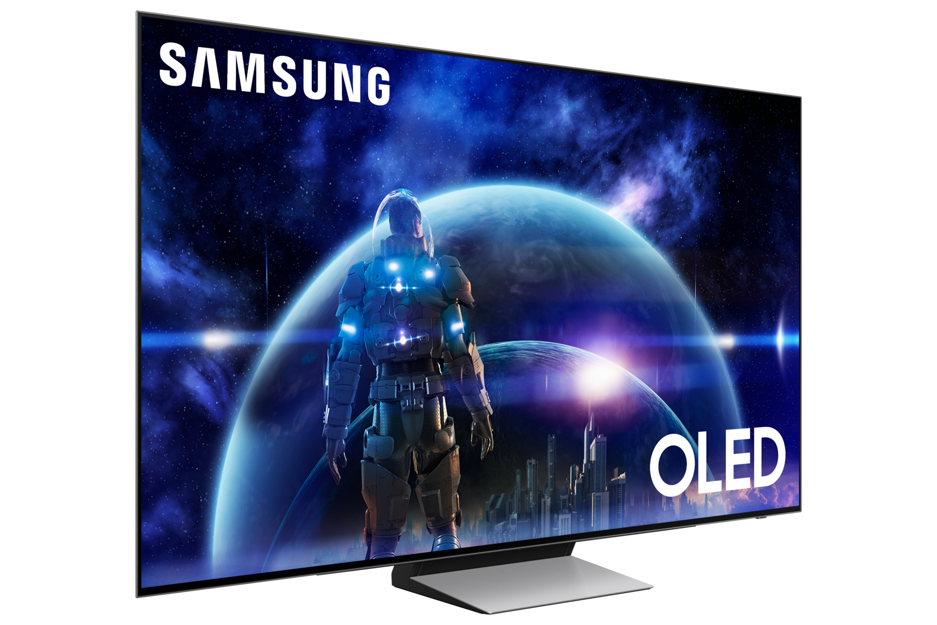TV Samsung OLED mostra astronauta nello spazio. Sfondo bianco. Marchio in alto.