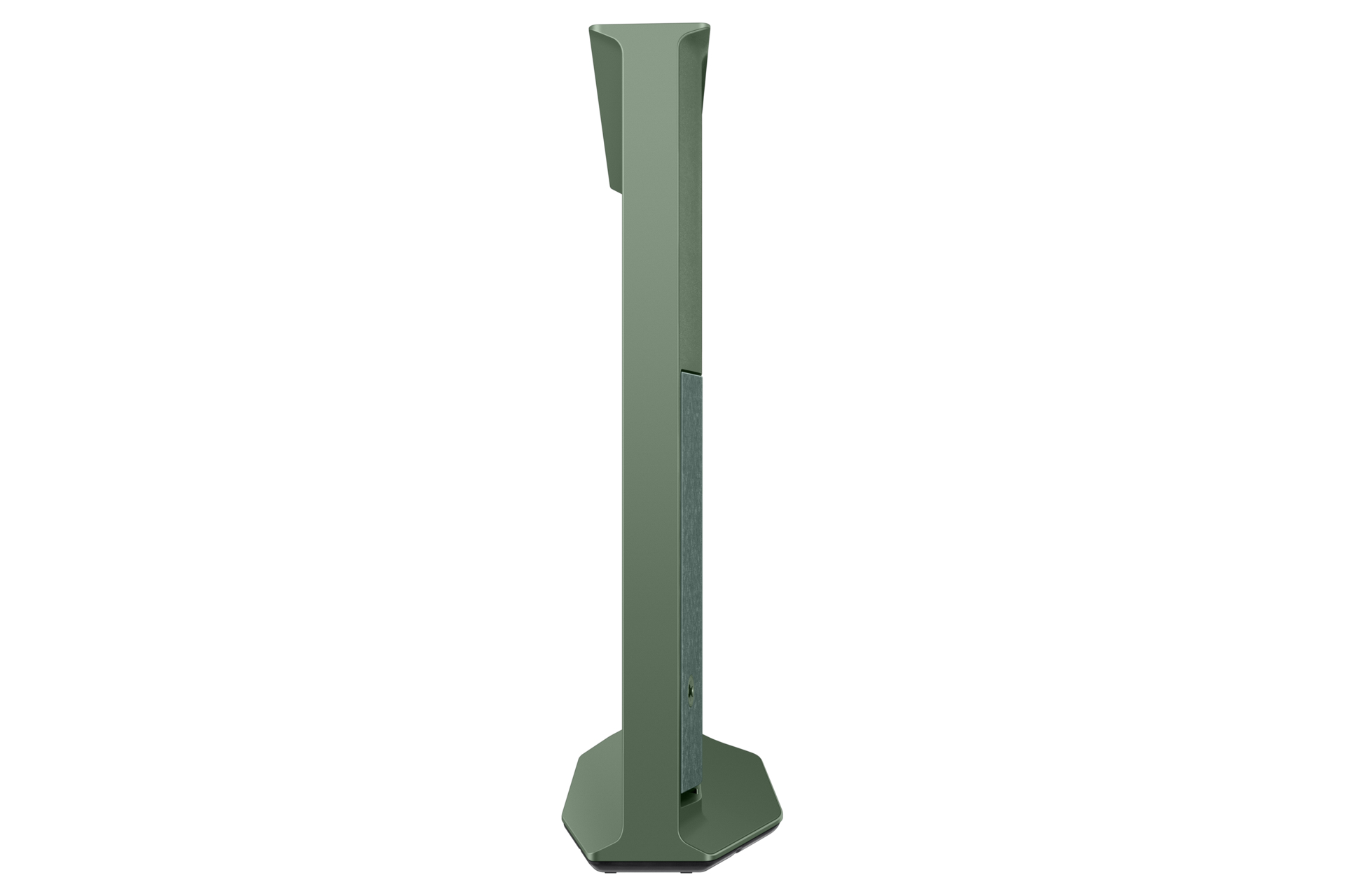 Zijaanzicht van een groene tv, de tv is hoog en smal met een ingebouwde standaard. Witte achtergrond.