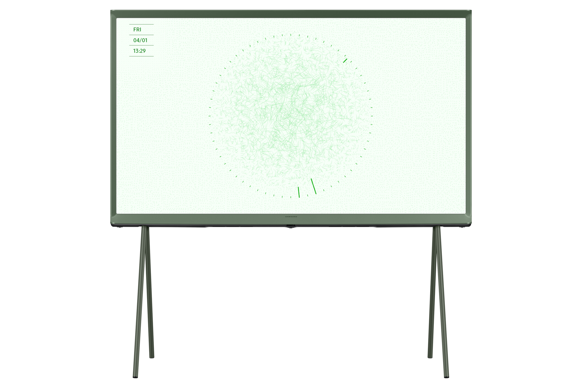 Groen tv-scherm met een klokachtige grafiek op een standaard. Groen frame en poten.