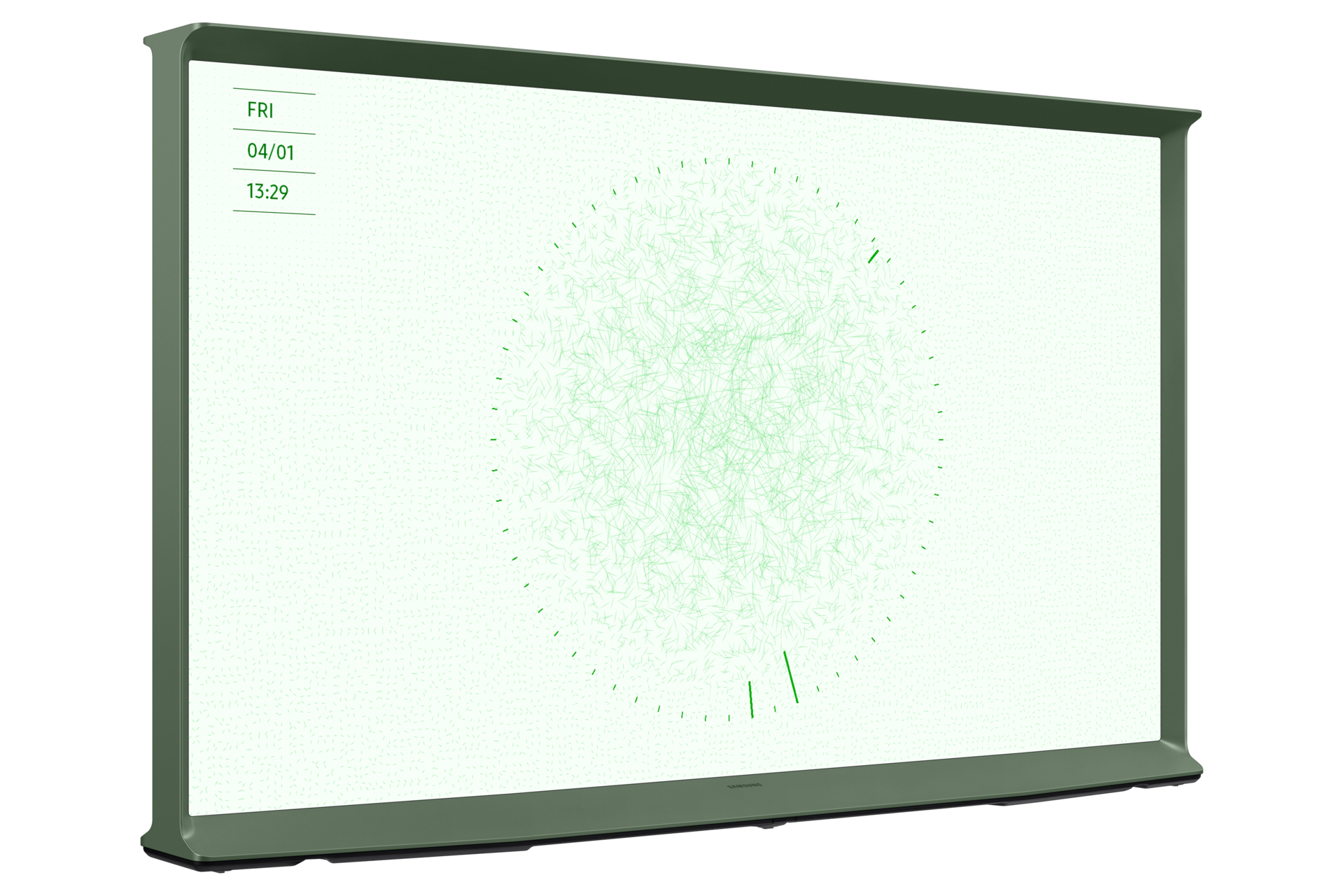 Een Samsung tv met een groen frame, met een klok en datum.