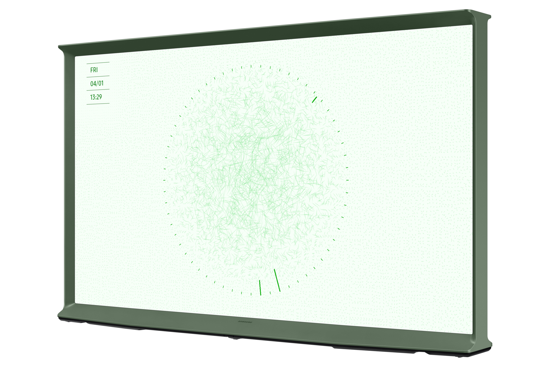 Groen omlijste Samsung TV toont een digitale klok met groene lijnen op een witte achtergrond.