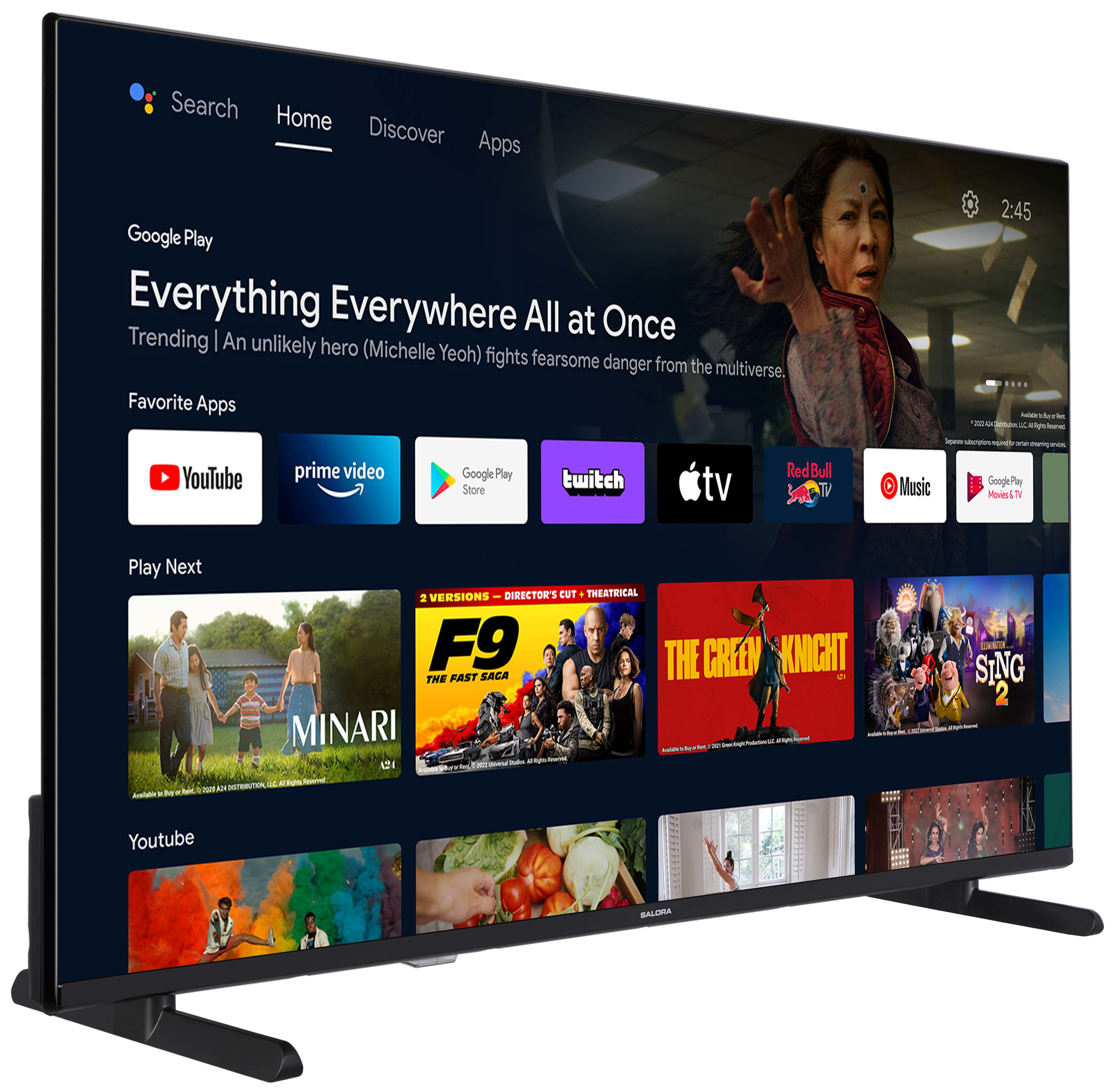 Een tv-scherm met het Google Play-startscherm met diverse app-pictogrammen.