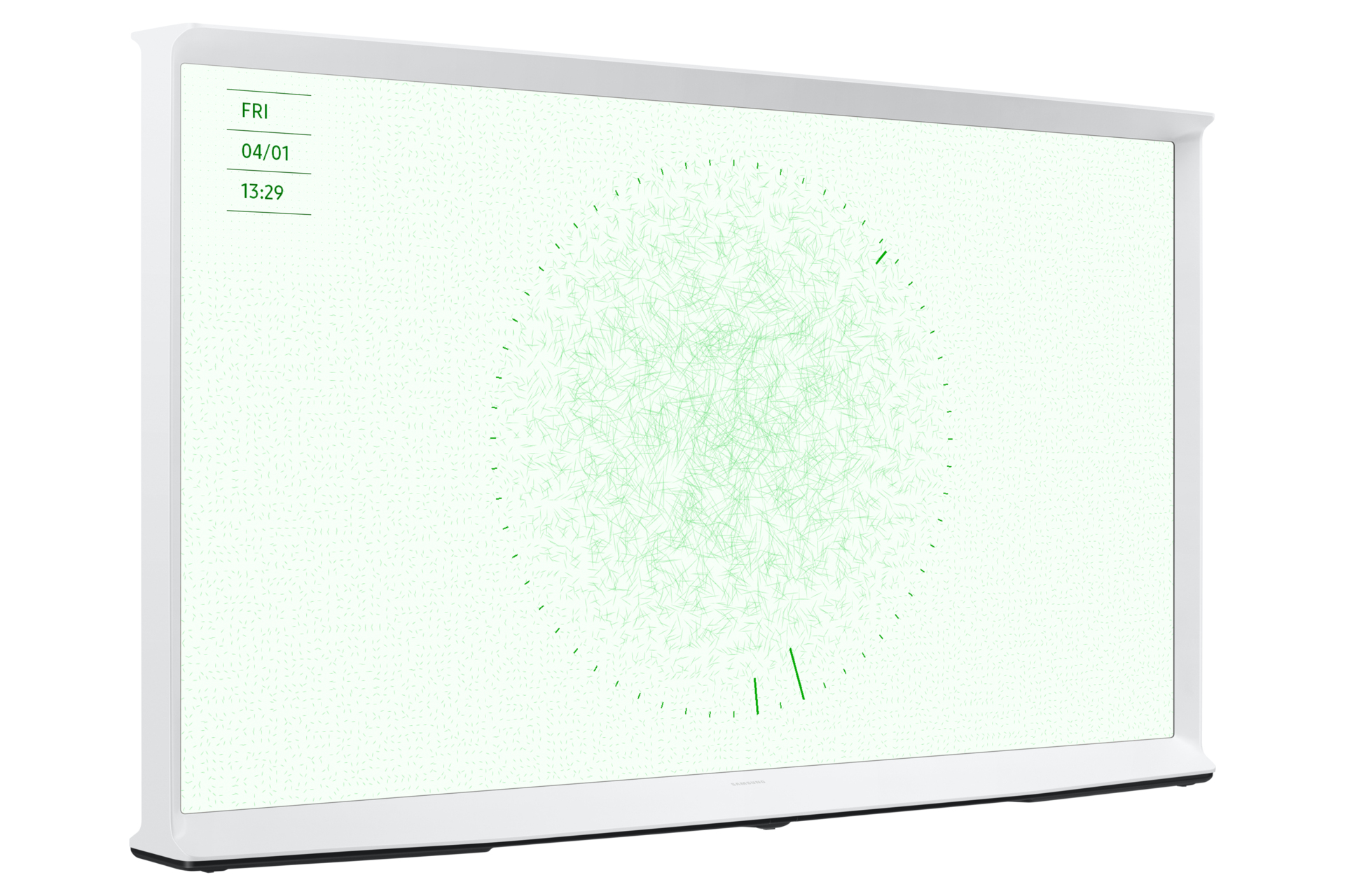 Schermo TV bianco che mostra un orologio grafico verde e la data.