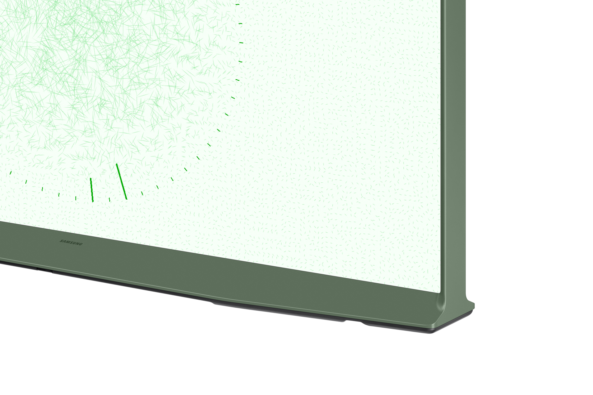 Een close-up van de hoek van een Samsung tv, met een groen frame en een wit scherm.