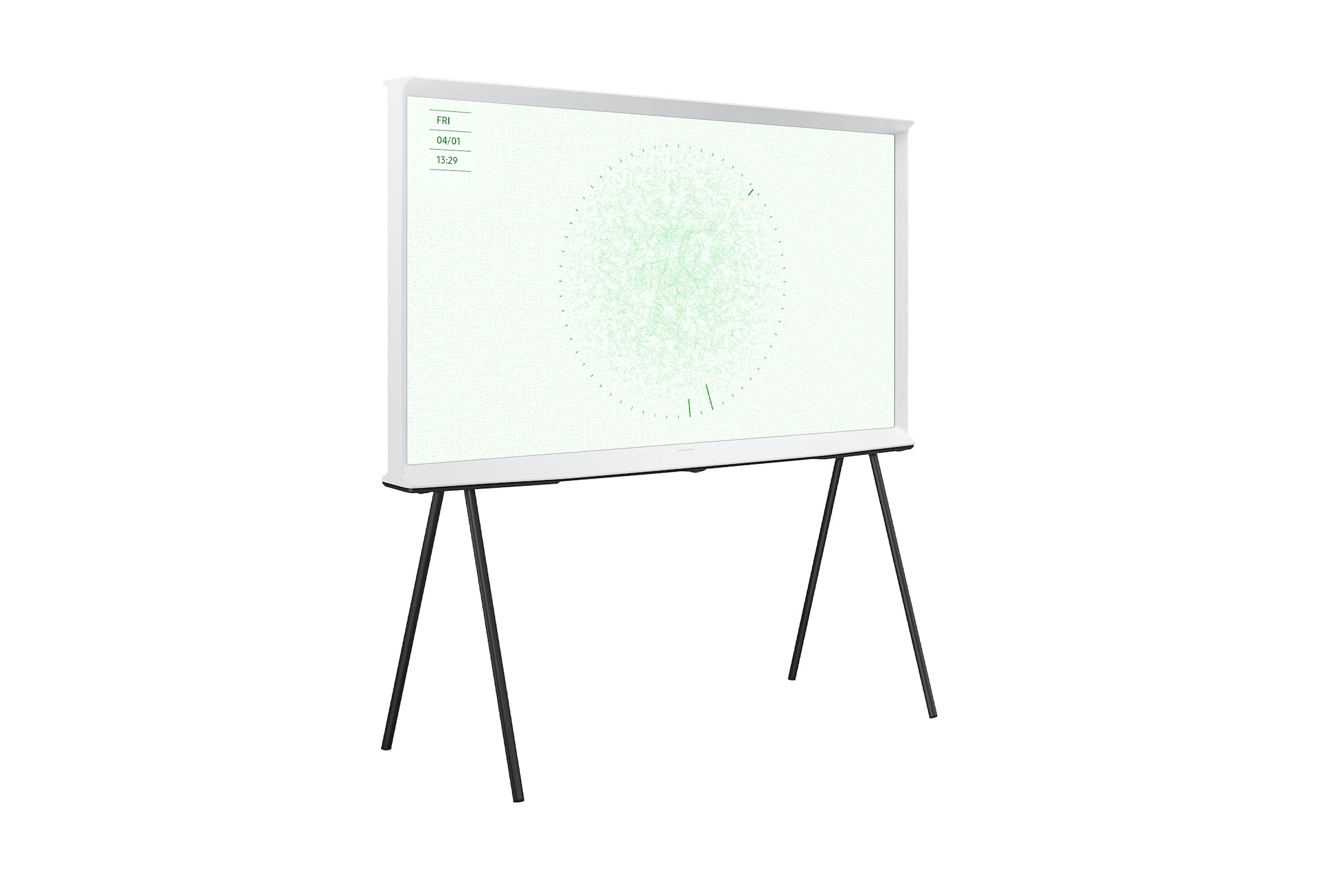 Biały telewizor Samsung The Frame z abstrakcyjnym wzorem na stojaku.
