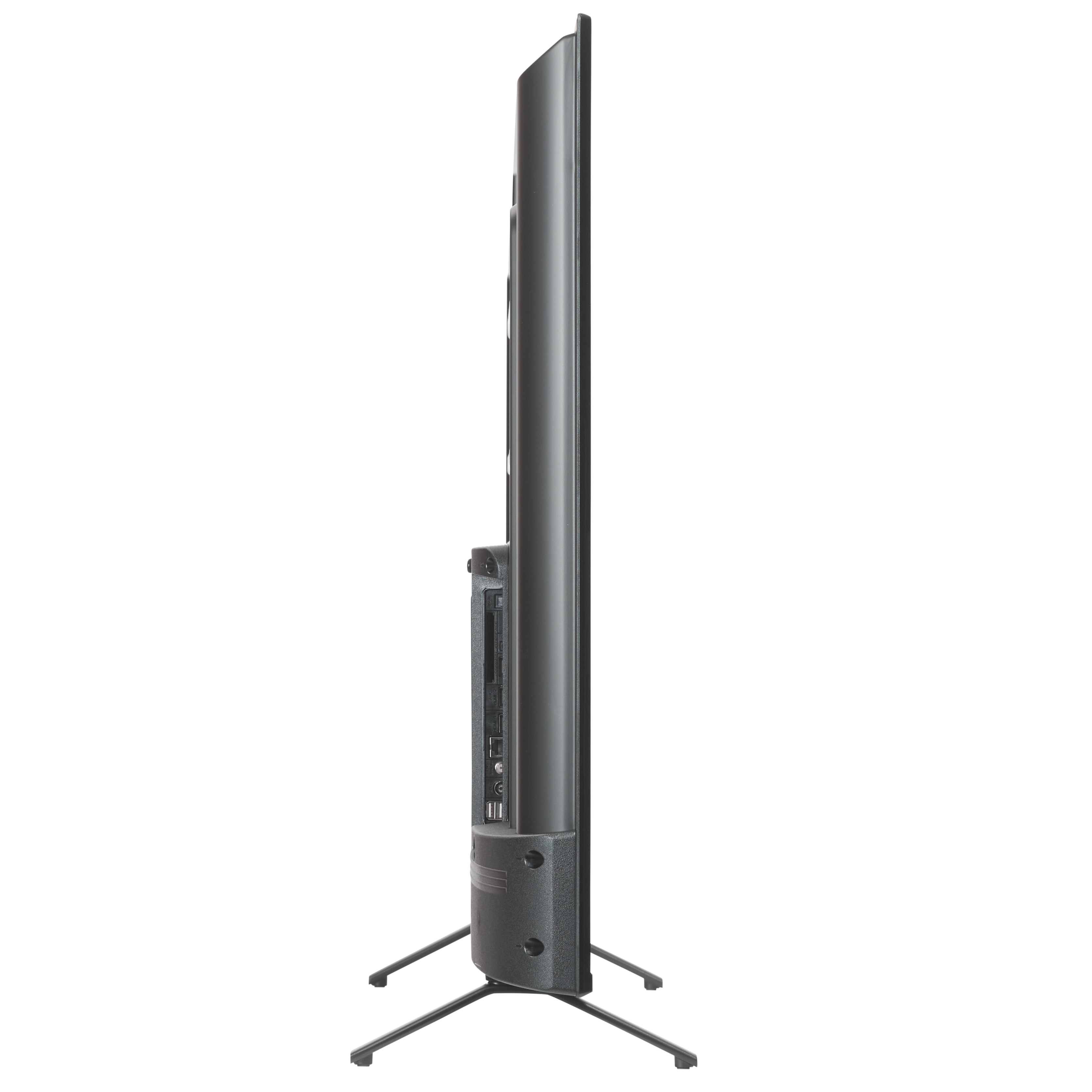 Vista laterale di un'elegante TV nera su un supporto, che mostra il profilo e le porte.