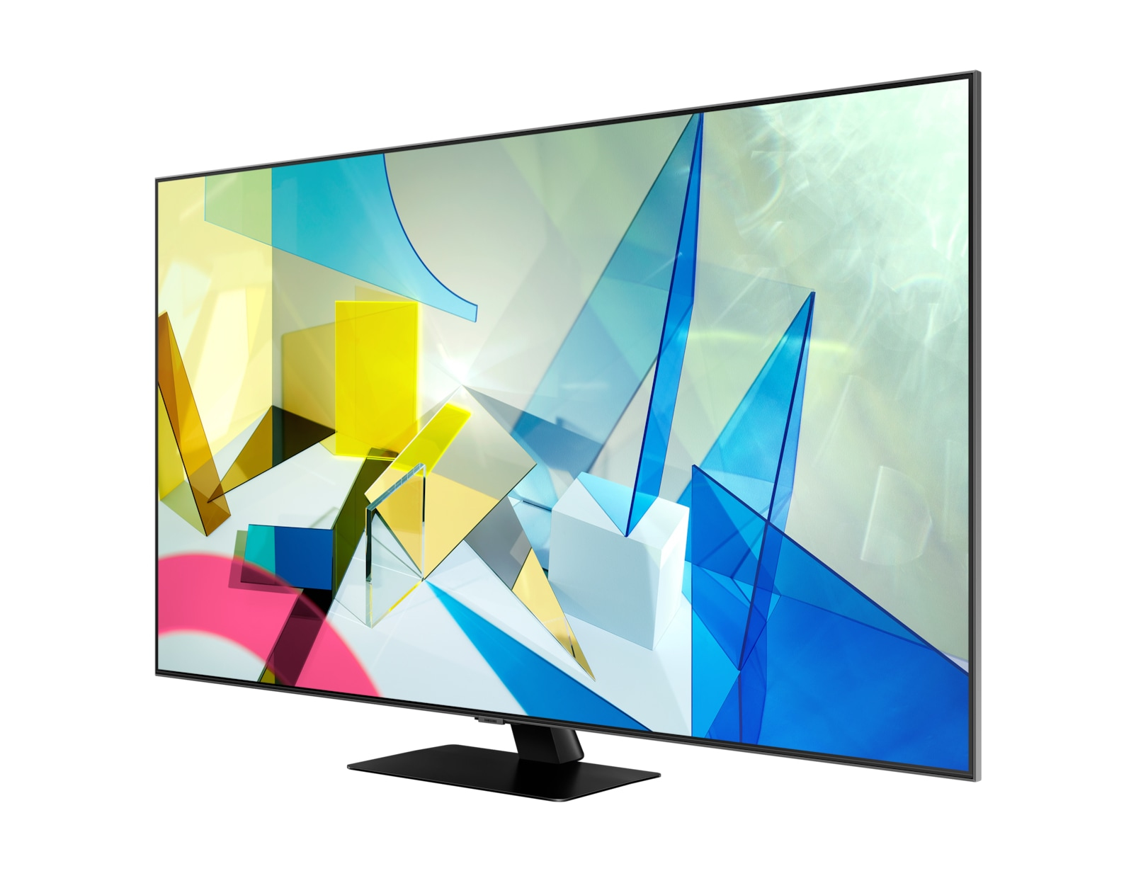 Ein Samsung-Fernseher zeigt ein abstraktes, farbenfrohes Bild, zentriert, auf weißem Hintergrund.