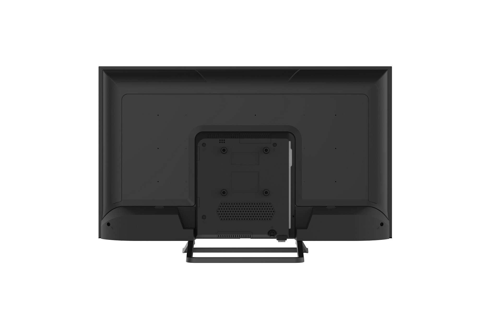 Widok z tyłu czarnego telewizora, pokazujący porty, złącza i podstawę.