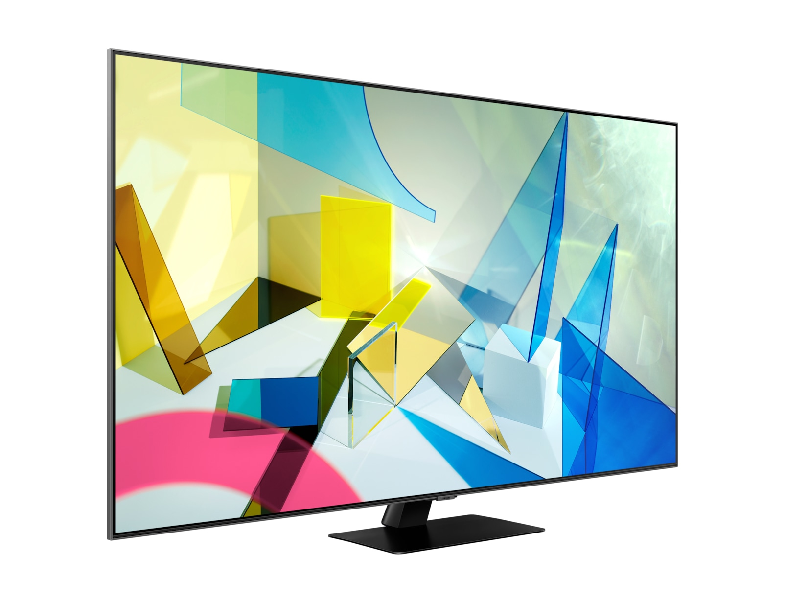 Ein Samsung-Fernseher mit einem farbenfrohen, abstrakten Bild auf dem Bildschirm, vor weißem Hintergrund.