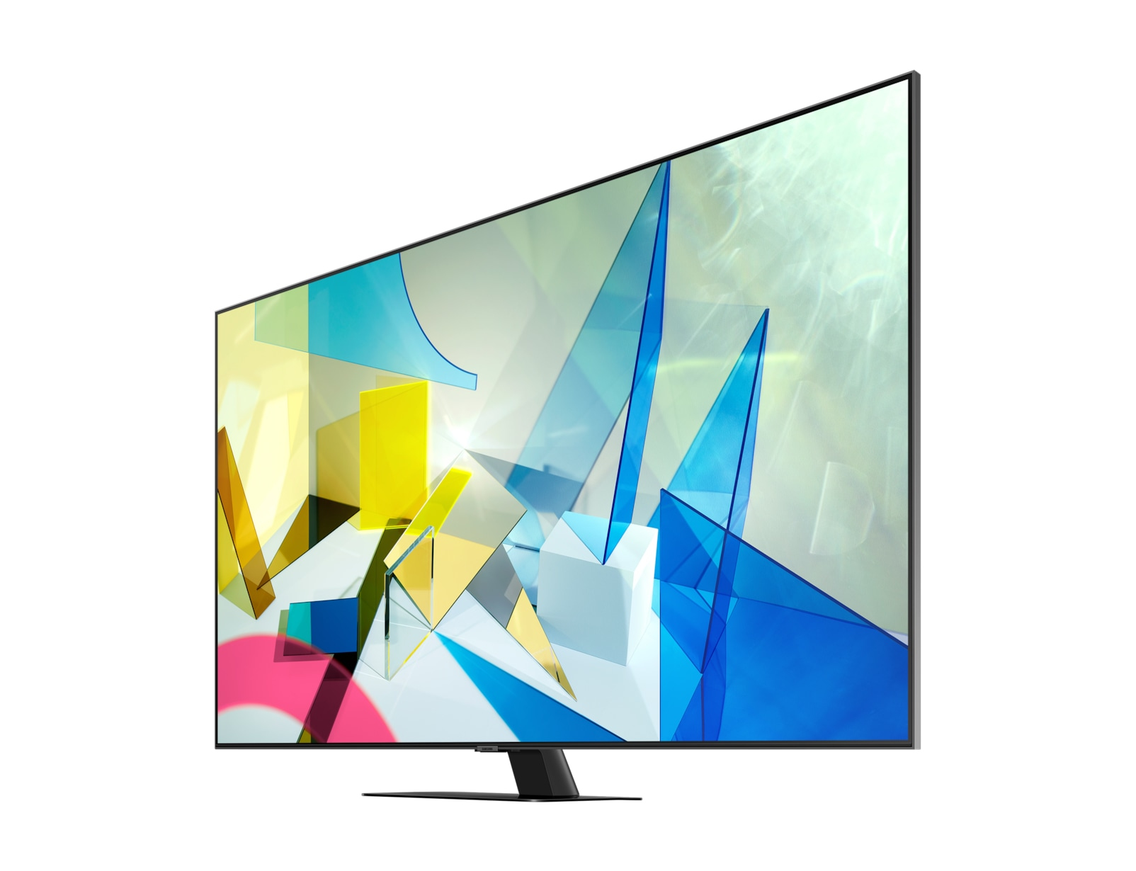 Ein Samsung-TV mit einem abstrakten, farbenfrohen Design mit geometrischen Formen auf Weiß.