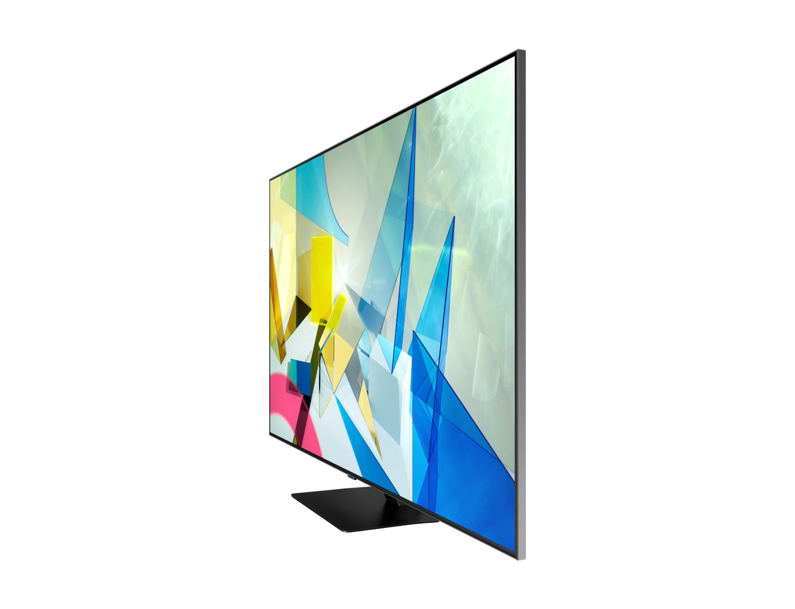 Ein Fernseher ist leicht angewinkelt und zeigt ein farbenfrohes abstraktes Design auf dem Bildschirm. Schwarzer Ständer, weißer Hintergrund.