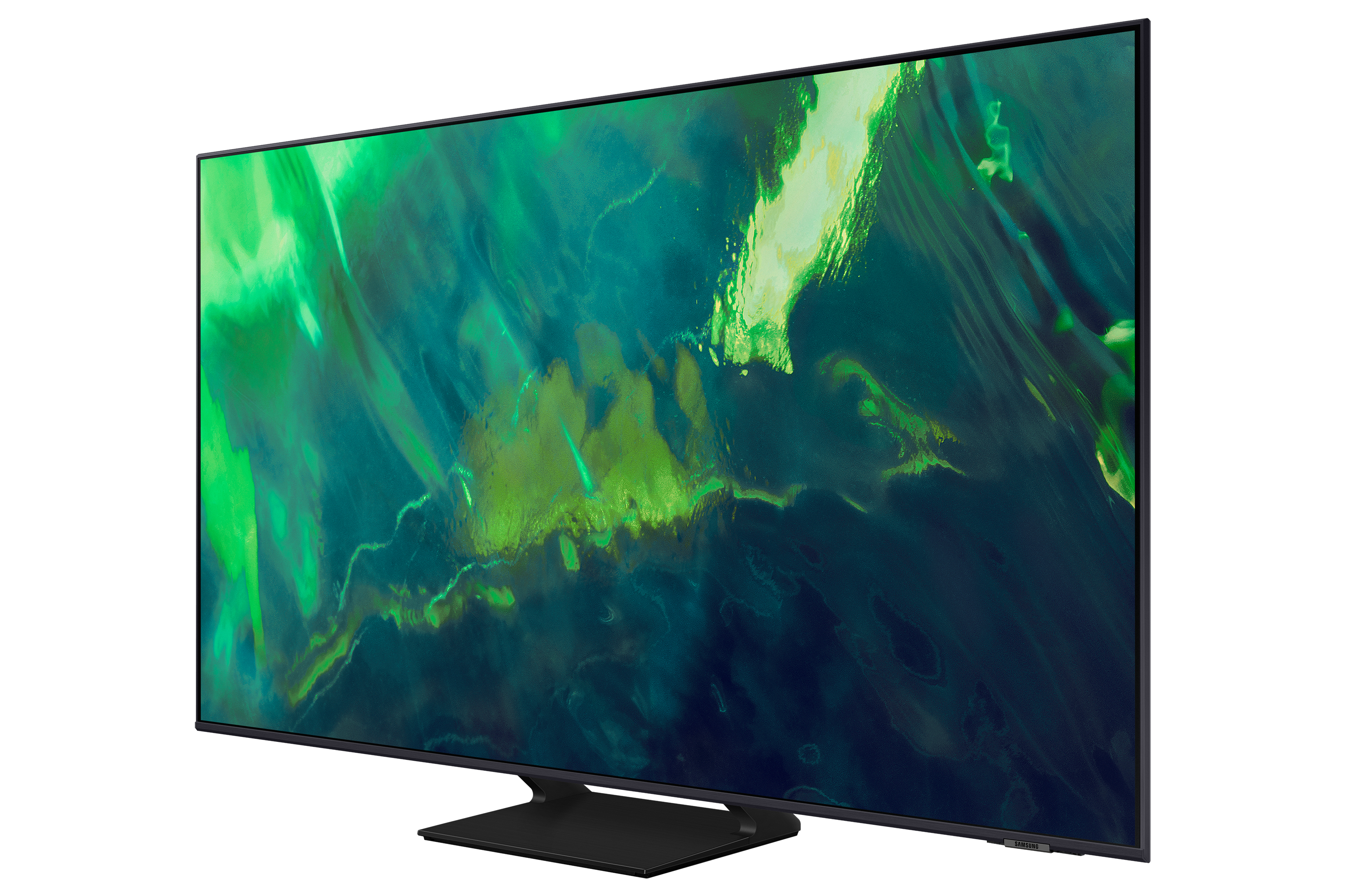 Ein Samsung Neo QLED Fernseher mit '2022' und 'Neo QLED' Text auf dem Bildschirm, schwarzer Standfuß.
