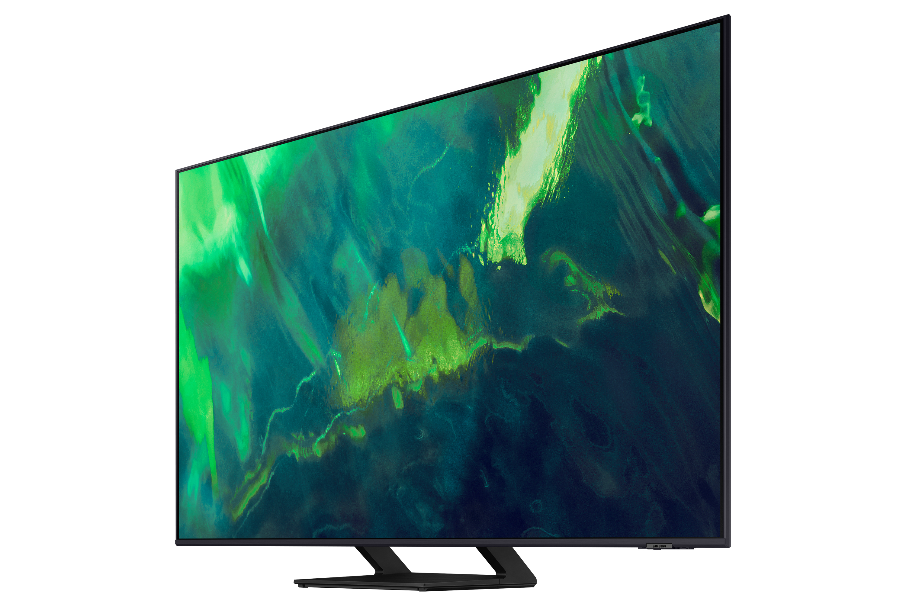 Ein schwarzer Fernseher zeigt einen grünen und gelben abstrakten Hintergrund, aus einem Seitenwinkel betrachtet.