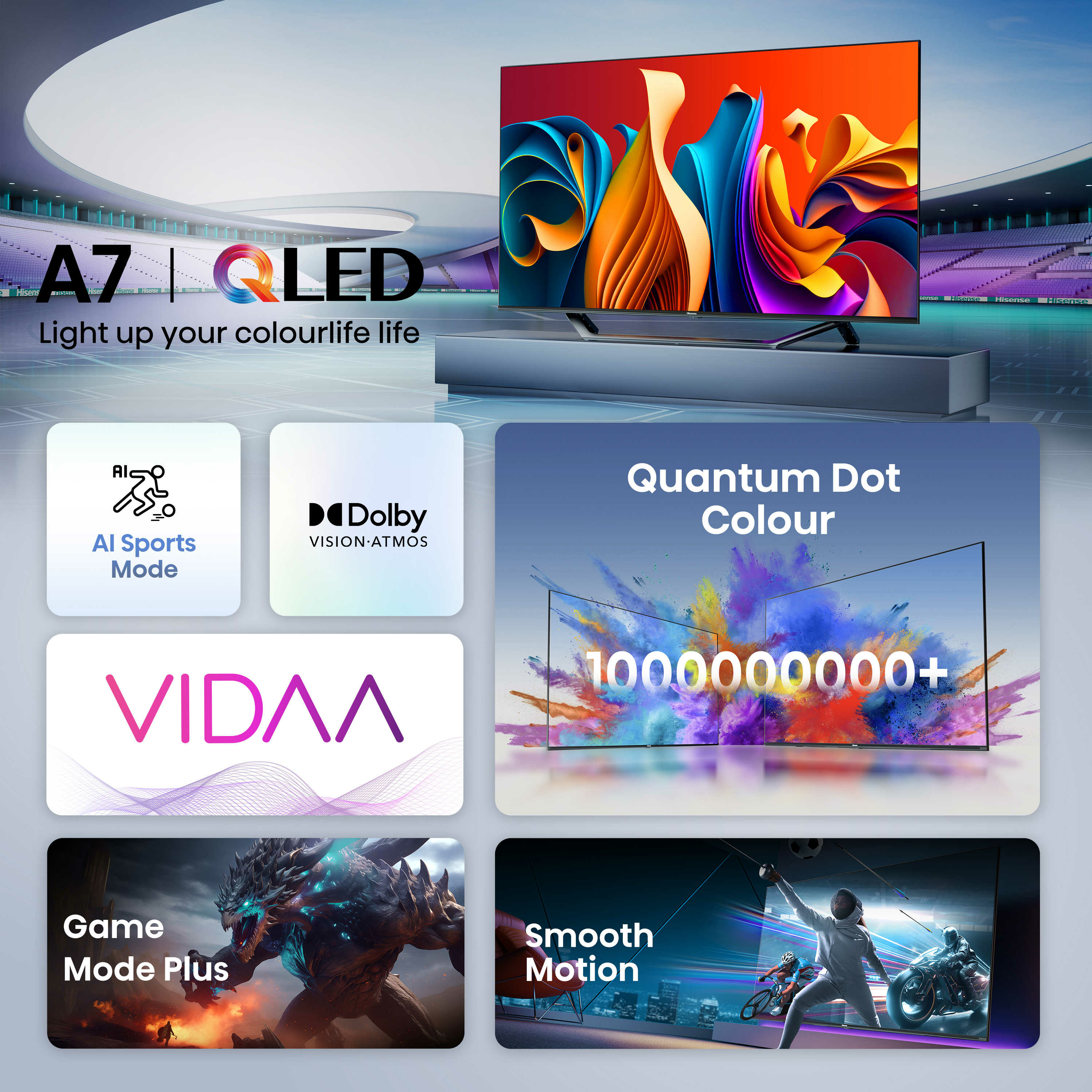 Una pantalla de TV mostrando arte colorido y funciones como Modo Deportes IA y Dolby Vision.