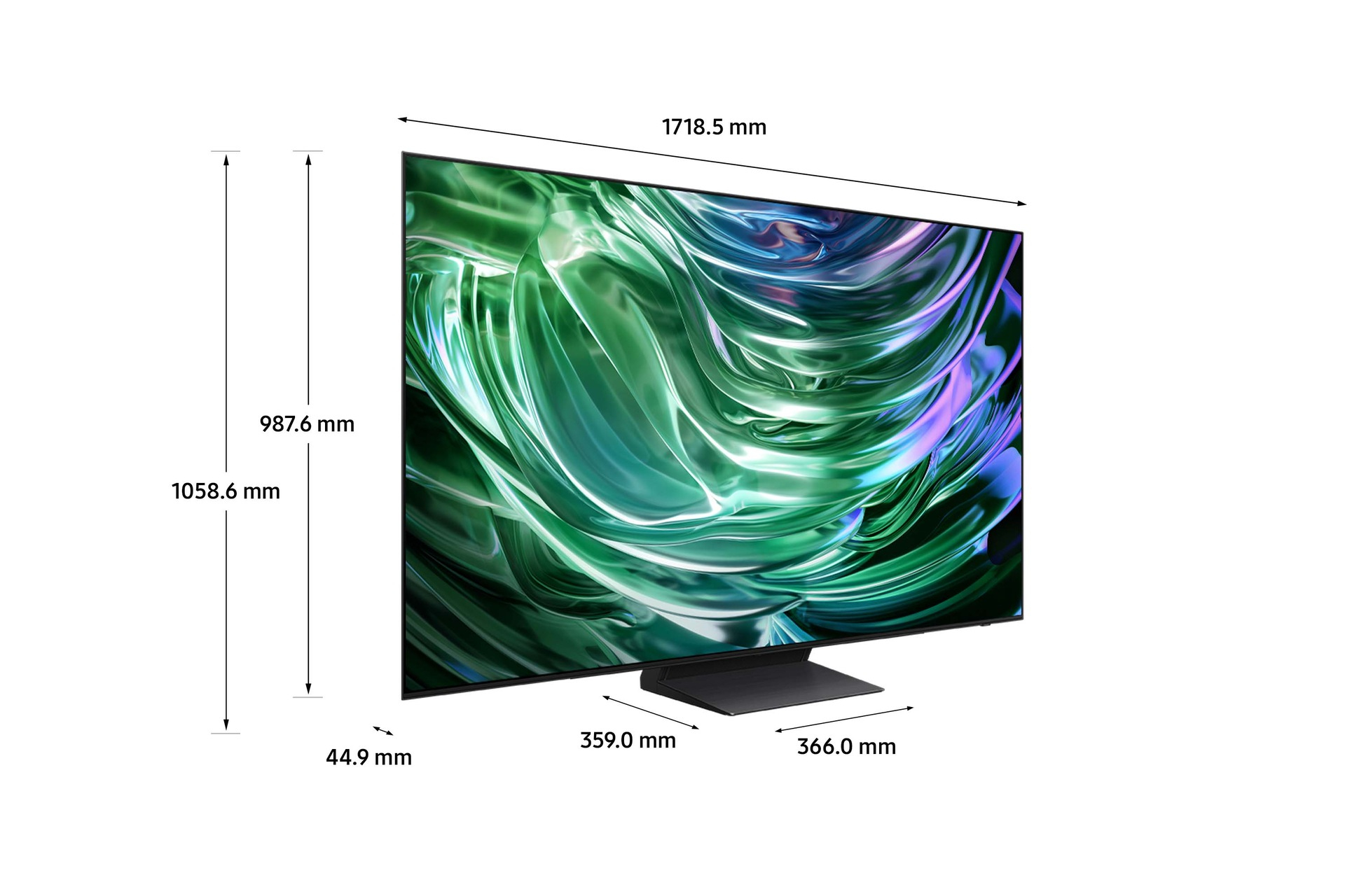 TV Samsung mostrando imagen abstracta verde, con dimensiones mostradas.