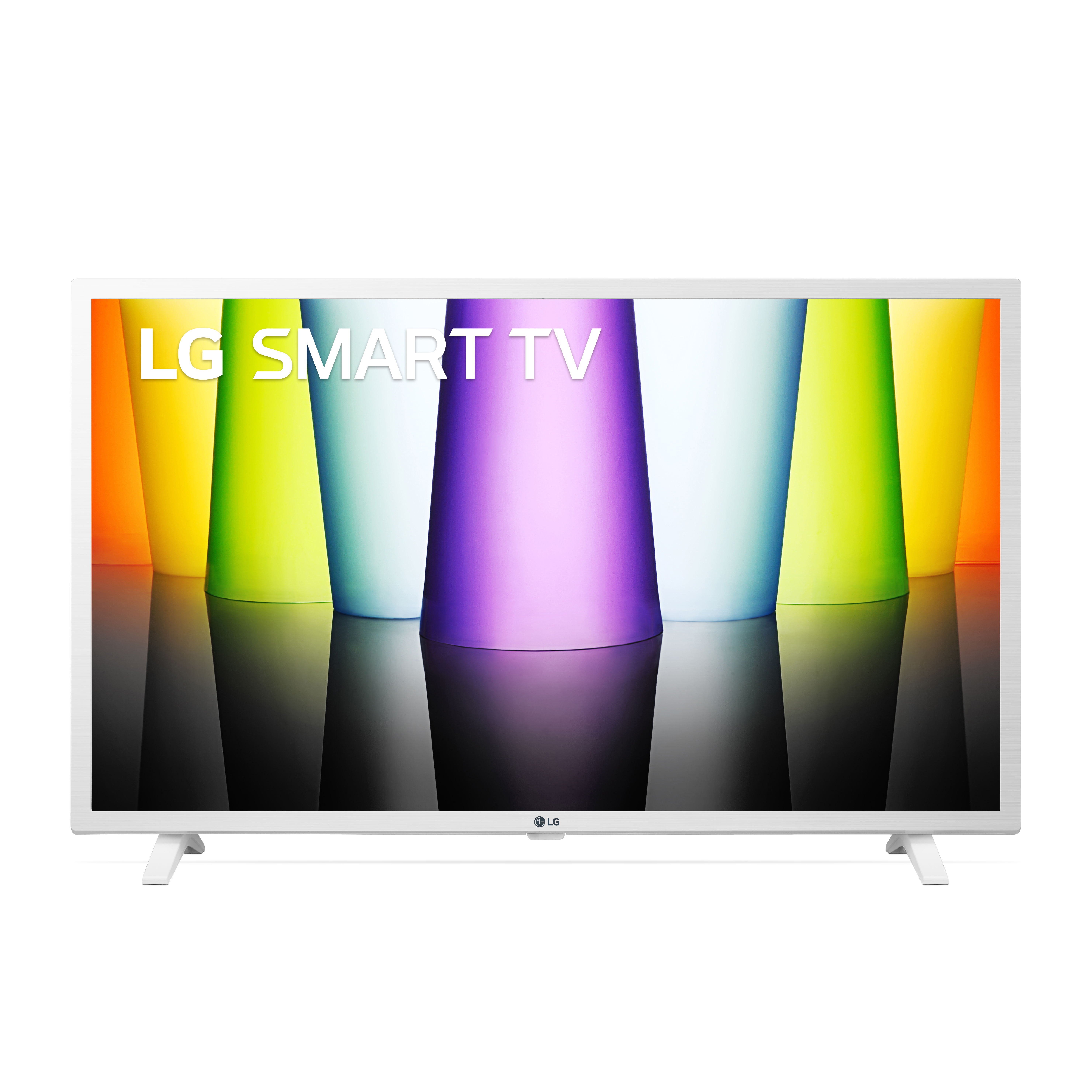 TV intelligente LG bianco con uno sfondo colorato di forme verticali.