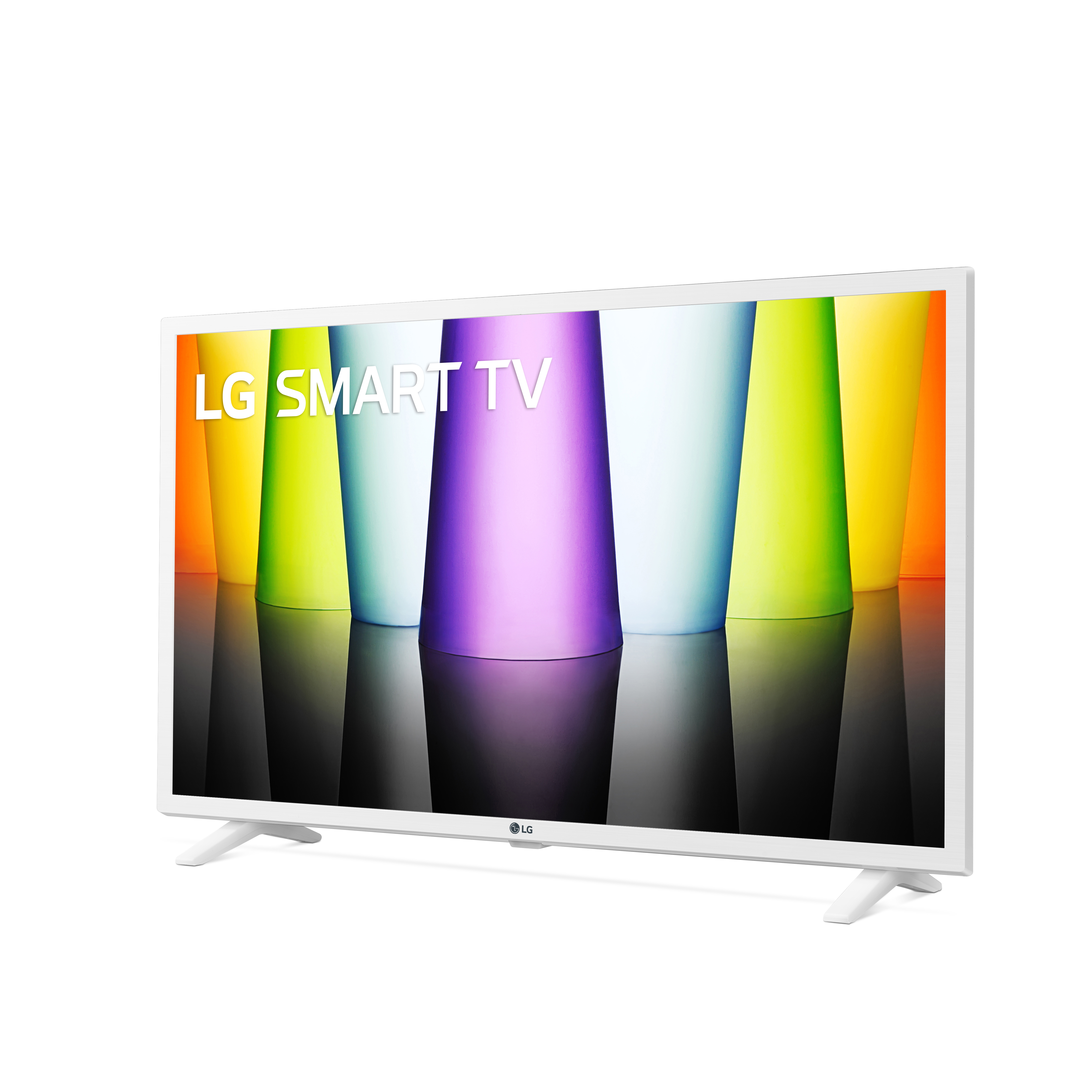 Una TV LG Smart bianca mostra un grafico a barre colorate. È su gambe bianche.