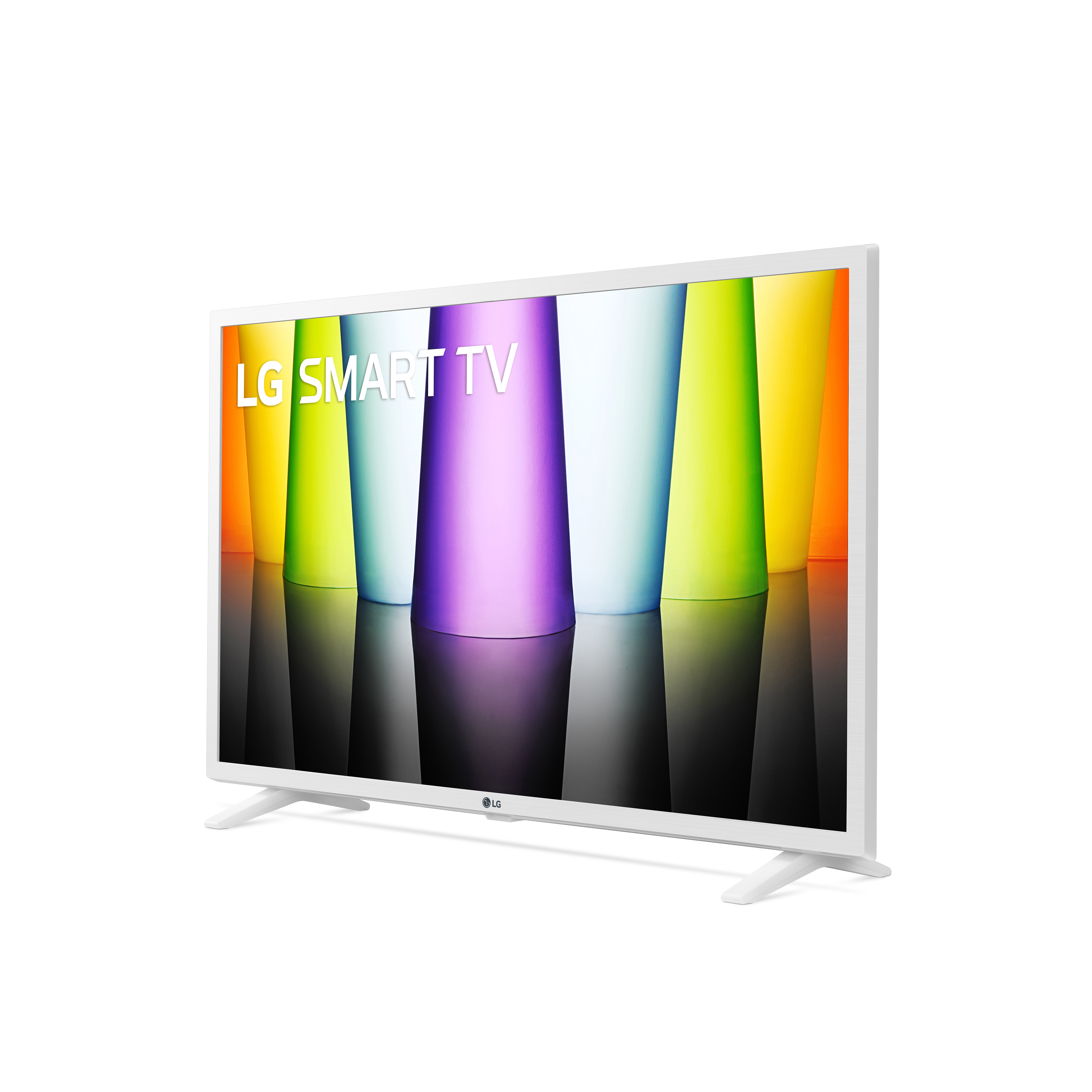 Un LG Smart TV con cornice bianca, che mostra immagini astratte colorate.