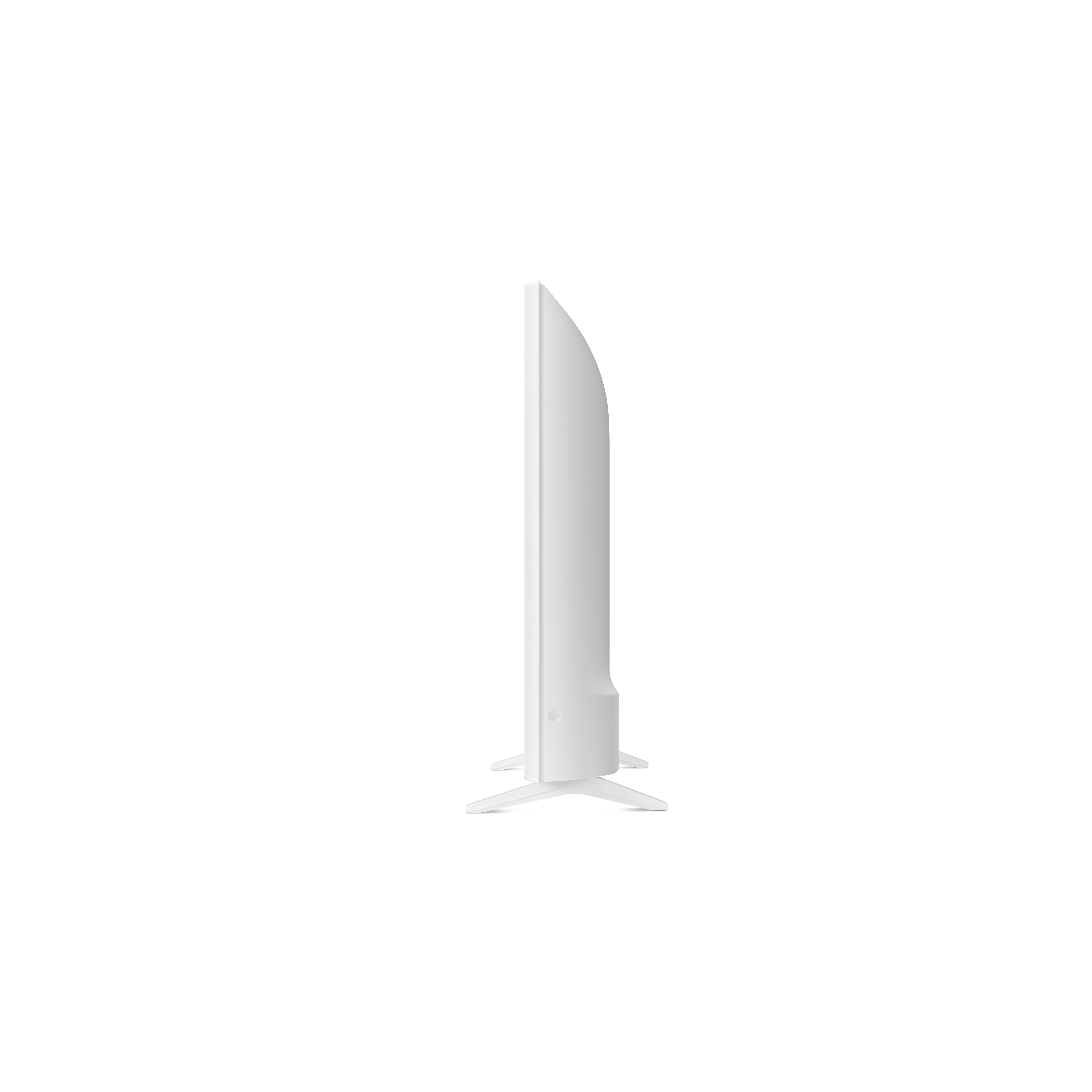 Una vista di profilo di un TV bianco con un design minimalista, che mostra il profilo laterale.