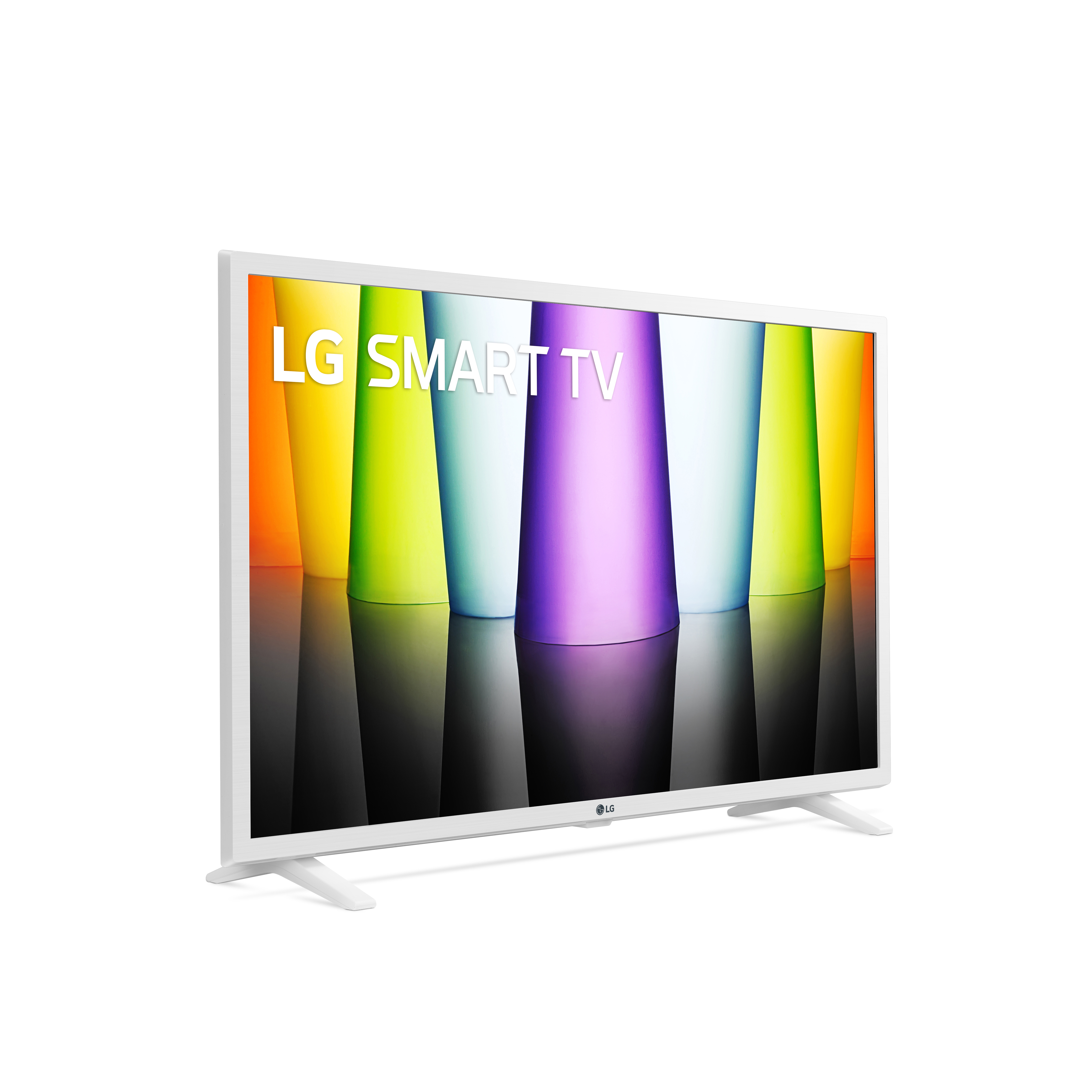 TV LG Smart bianco con sfondo colorato.