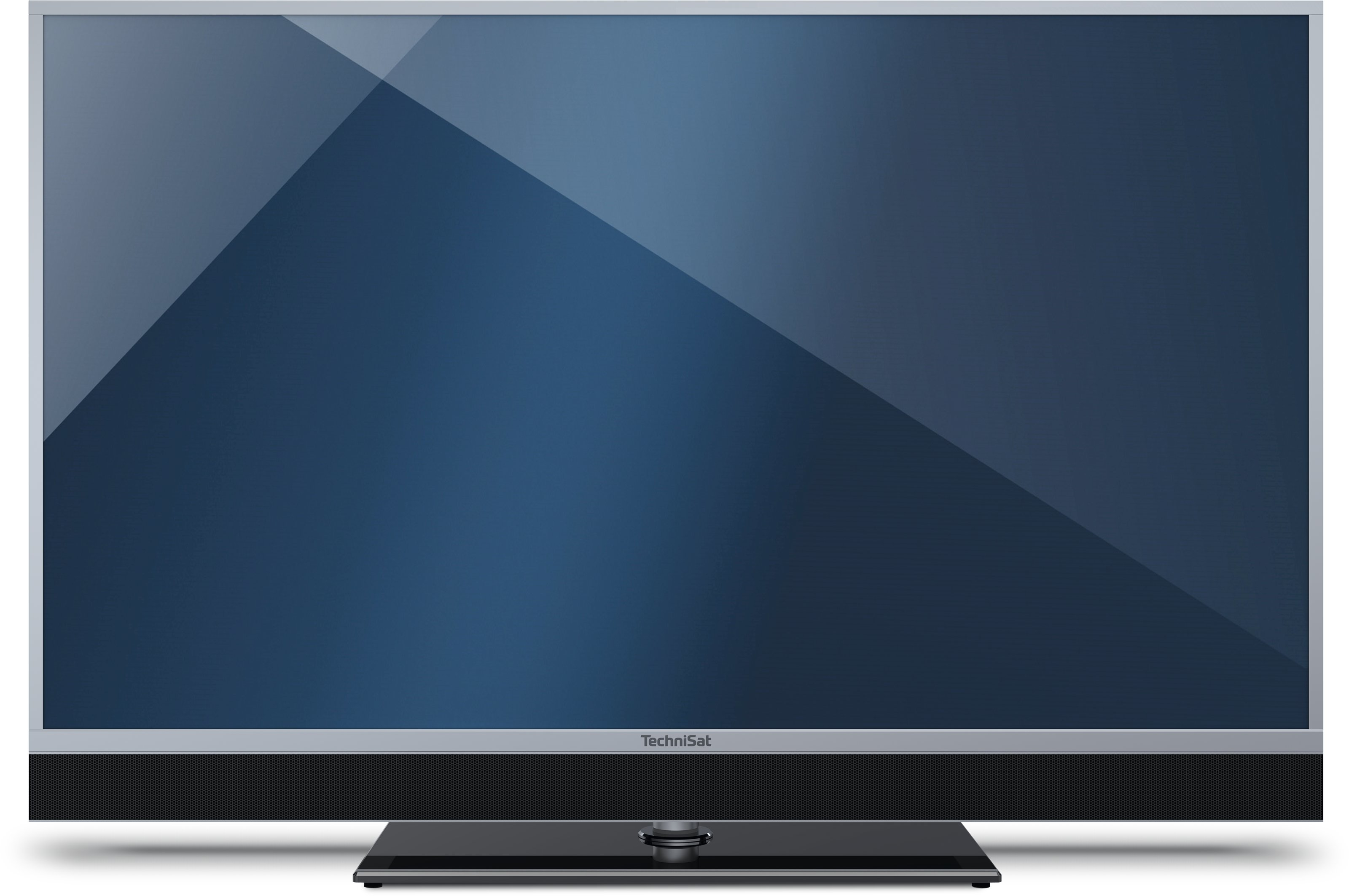 Telewizor z ciemnoniebieskim ekranem, srebrną ramką i czarnym głośnikiem na dole.