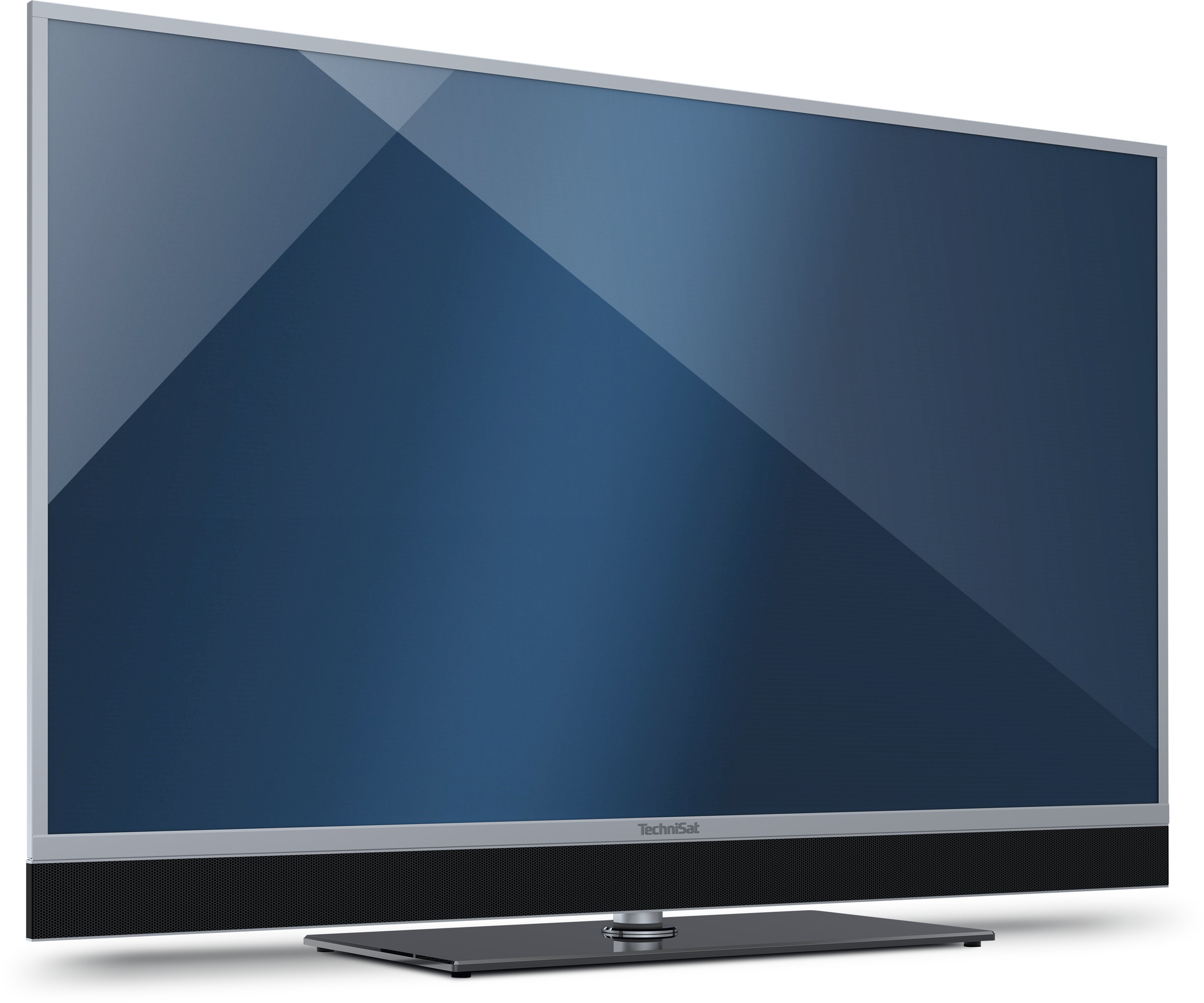 Duży srebrny telewizor TechniSat wyświetla ciemnoniebieski ekran na czarnym stojaku.