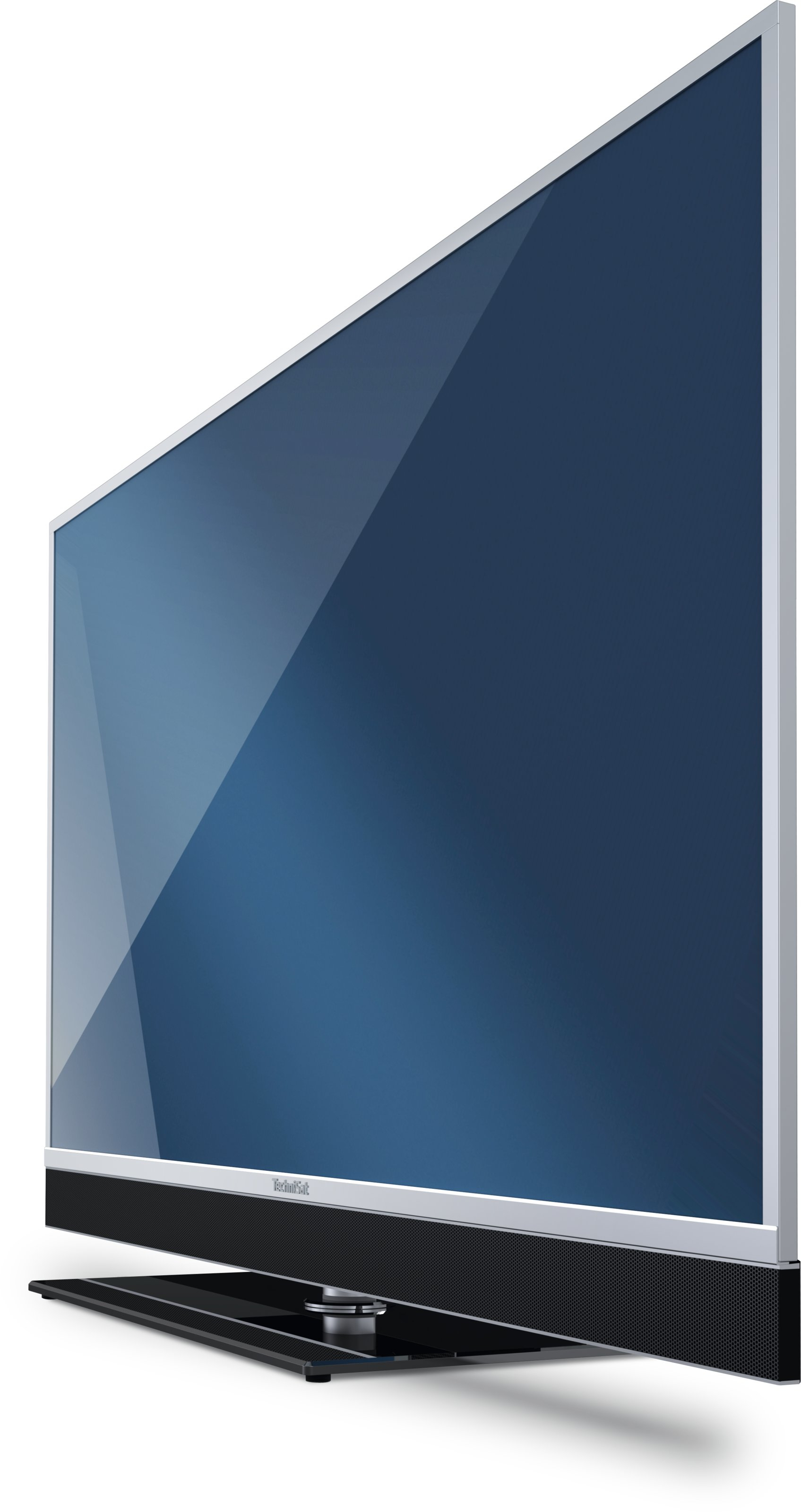 Telewizor ustawiony pod kątem, ekran jest niebieski i błyszczący. Rama jest srebrna, a podstawa czarna. Białe tło.